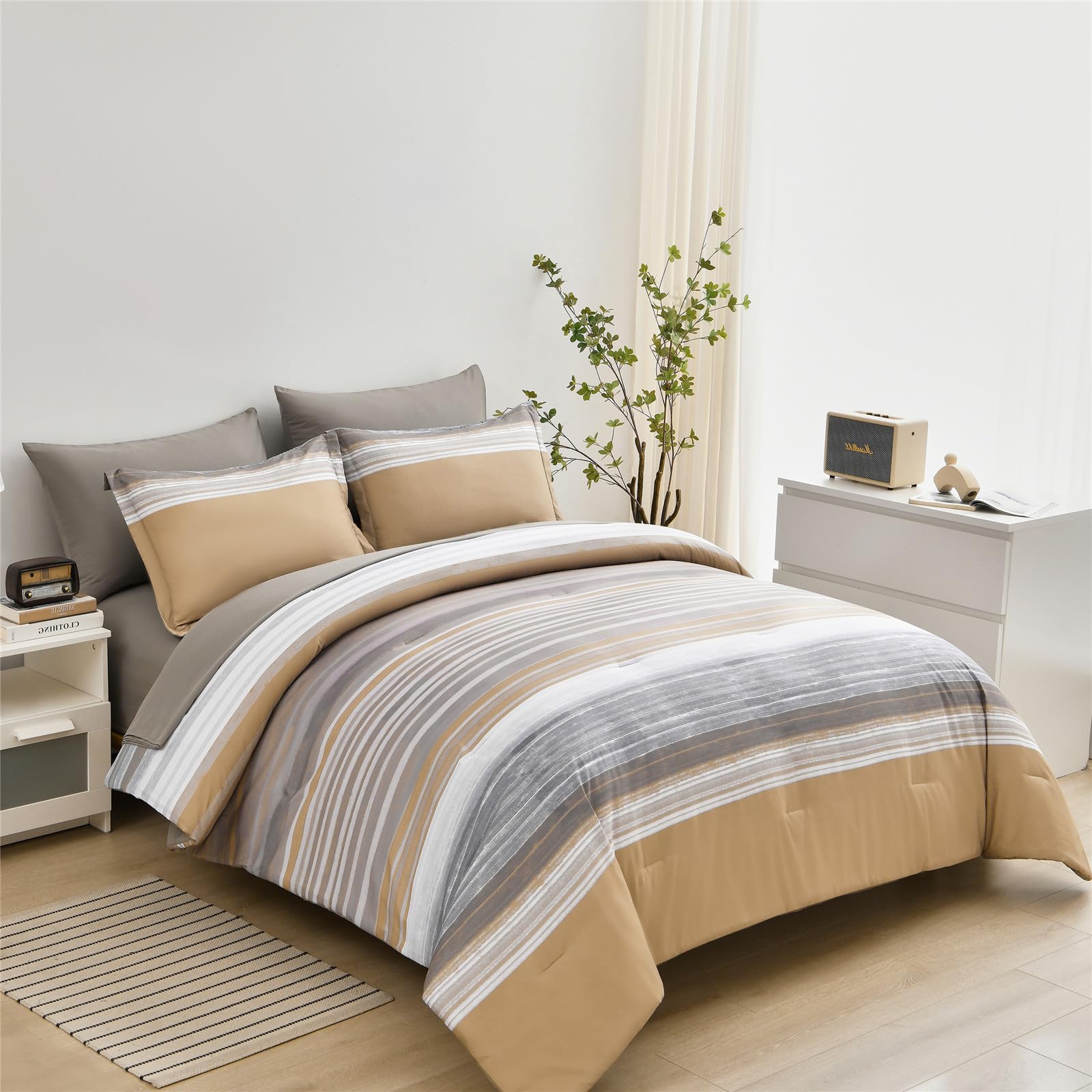 Kakijumn 7 Piece Bed In A Bag Stripe Comforter Set Queen Size, White Grey Khaki Patchwork Striped Comforter And Sheet Set, All S