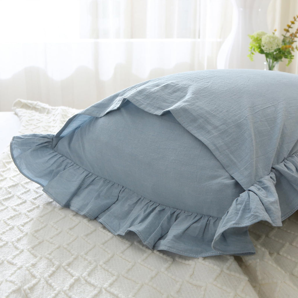 Mywinlle Blue Plaid Ruffle Pillowcases Farmhouse Pillow Shams Standard,Shabby Checkered Pillow Cover Washed Cotton Pillow Covers