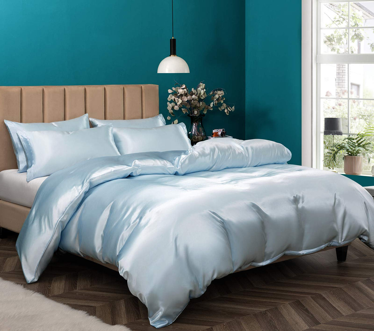 P Pothuiny 3 Pieces Satin Duvet Cover Twin/Twin Xl Size, Luxury Silky Like Baby Blue Duvet Cover Bedding Set With Zipper Closure