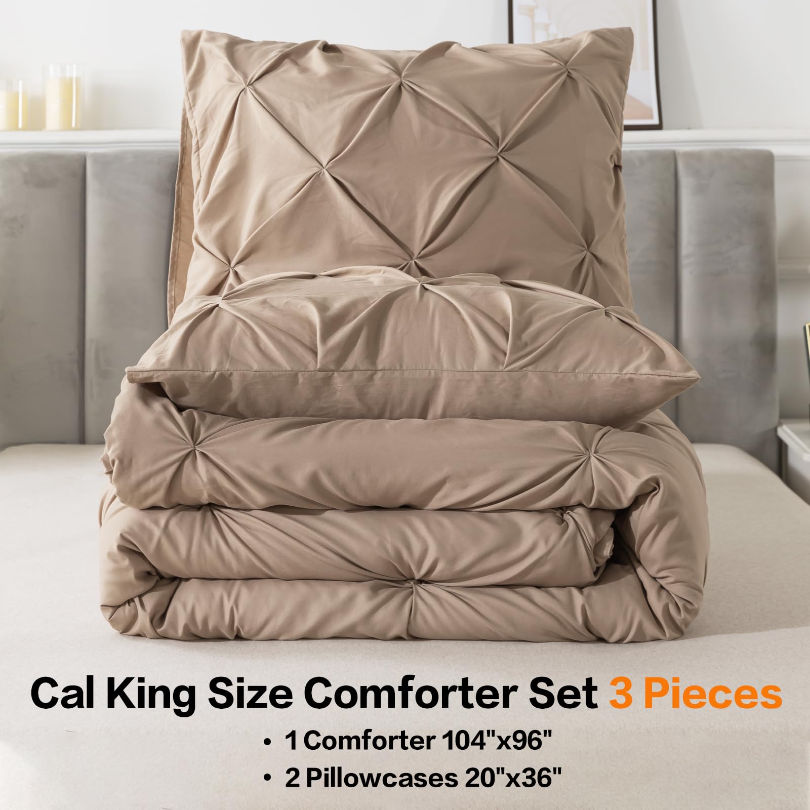 Andency California King Comforter Set Taupe (104X96Inch), Pinch Pleat Cal King Comforter Set 3 Pieces, Oversized King Pintuck Bed Comforter, Microfiber Down Alternative Comforter Bedding Set