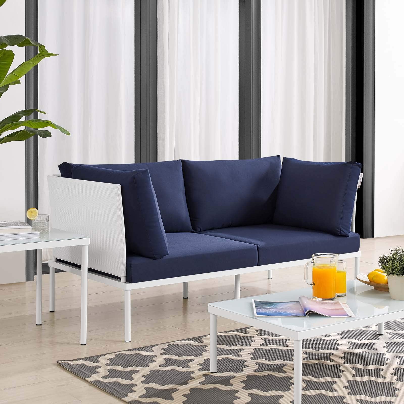 Modway EEI-4963-WHI-NAV Harmony Sunbrella White Navy Outdoor Patio Aluminum Loveseat, 32.5 x 64 x 32