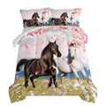 Hosima Horse Bedding For Girls, Spring Farm Animals Pink Cherry Blossom Pattern Twin Size Comforter Set With 2 Pillowcases, West