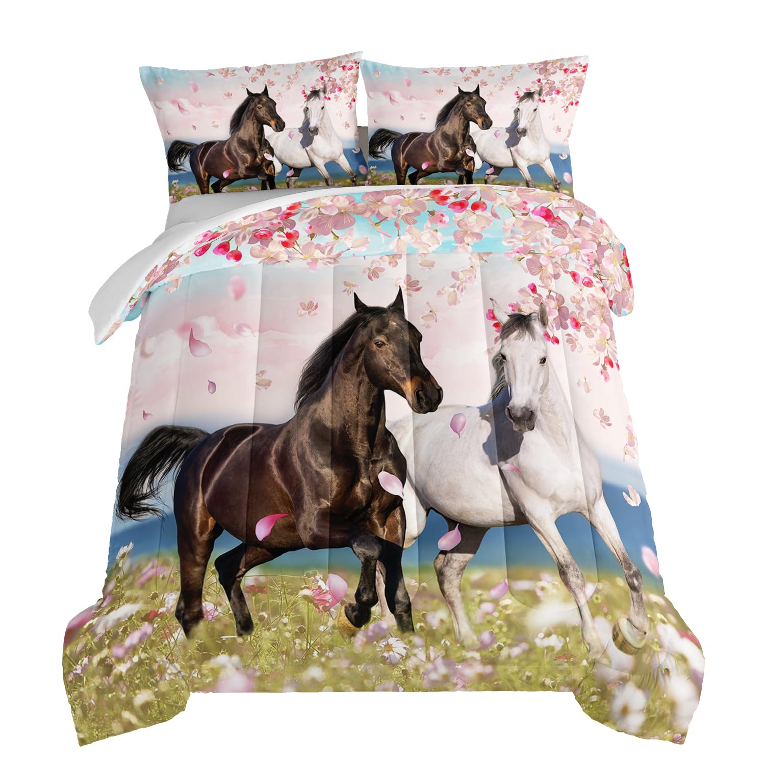 Hosima Horse Bedding For Girls, Spring Farm Animals Pink Cherry Blossom Pattern Twin Size Comforter Set With 2 Pillowcases, West