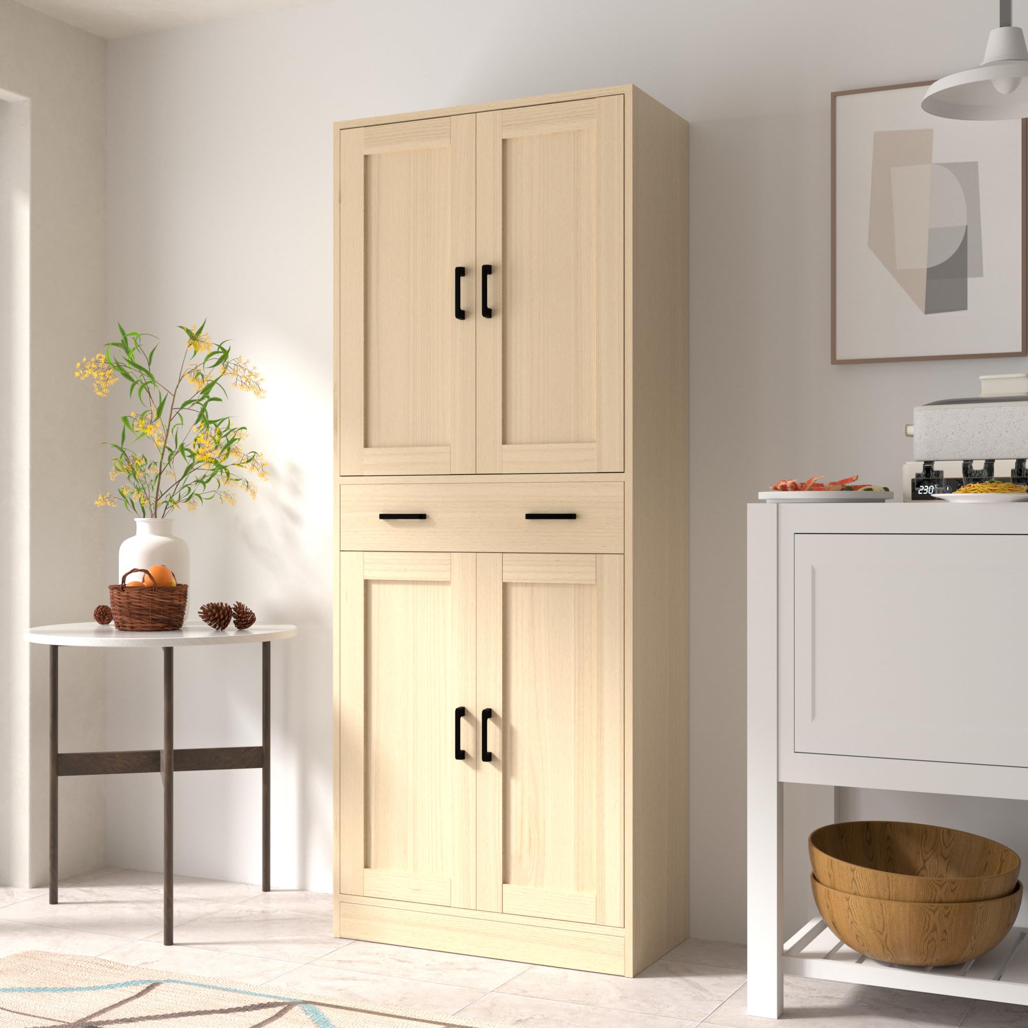 DIYART Oak Kitchen Pantry, 71  Tall Storage Cabinet with Doors and Drawer for Kitchen, Hallway, Office