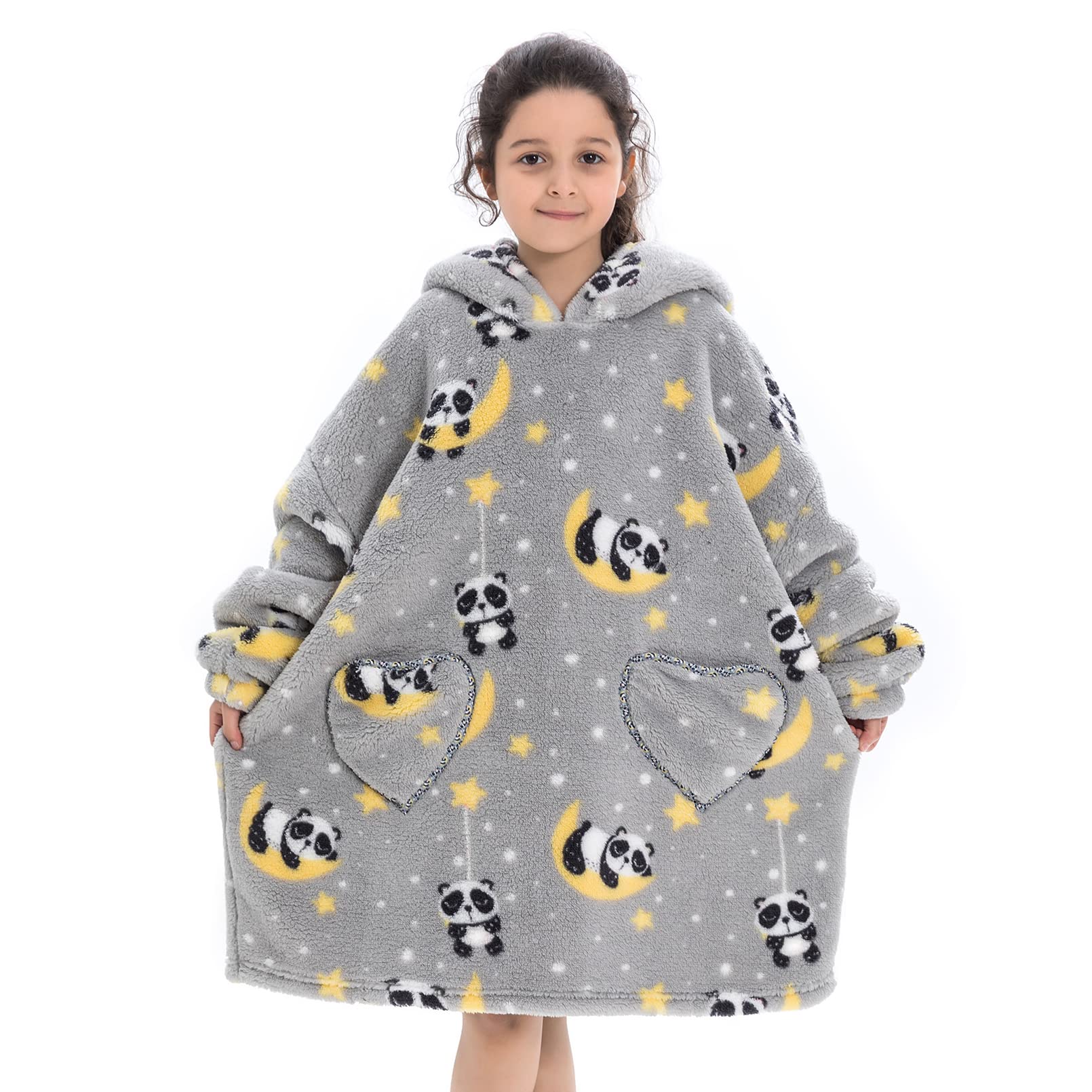 Deserthome Wearable Blanket Hoodie For Kids 6-12Yr Animal Oversized Hooded Blanket Super Soft Comfortable Warm Flannel Panda