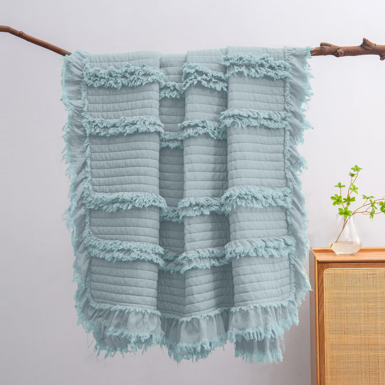 Ultra Soft Pre-Washed Warm Quilted Throw Blanket, Ruffle Fringed Blue Green Boho Decorative Throw, Stone Washed Chic Rustic Blan