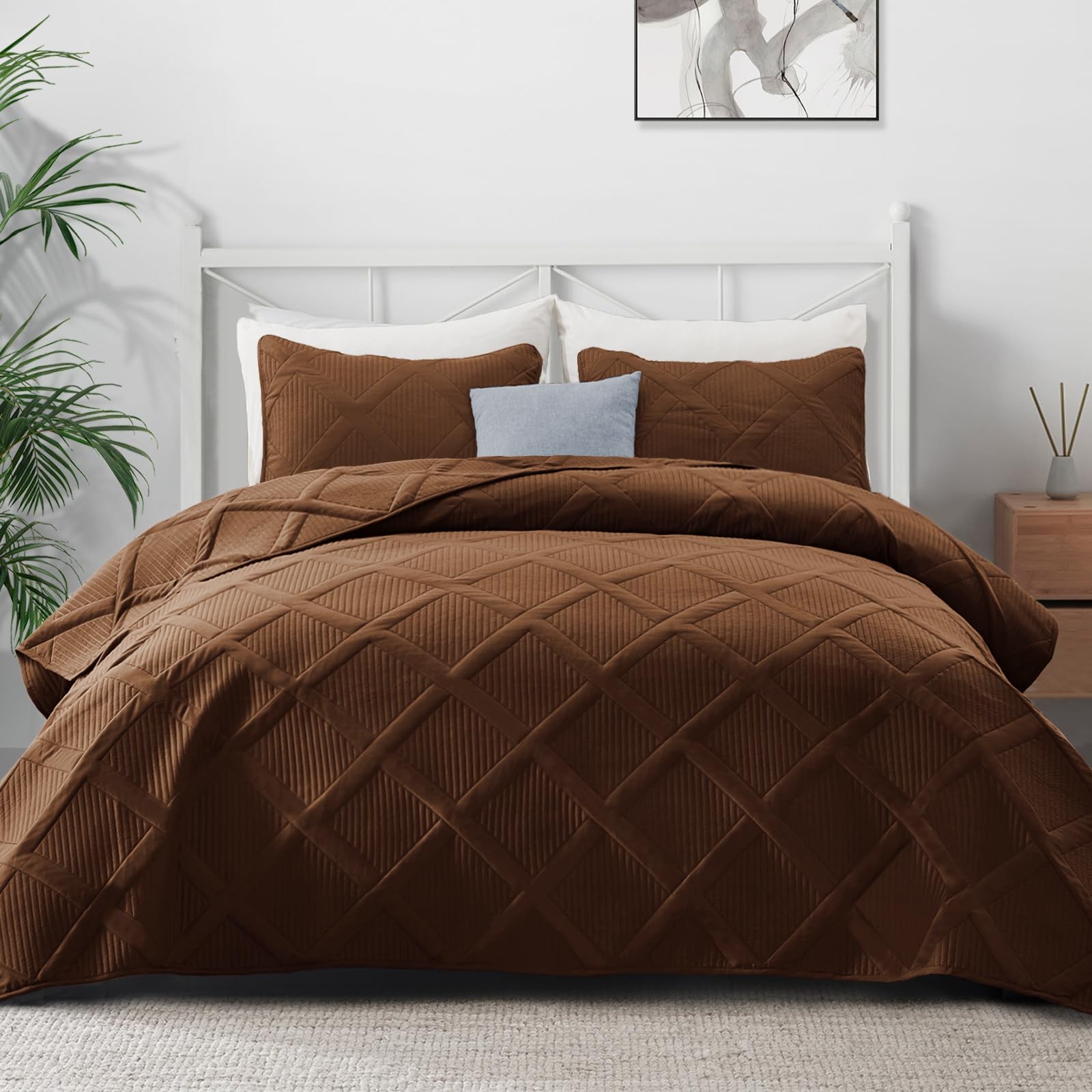 Exclusivo Mezcla Quilt Set Full Queen Size, 3 Pieces Brown Queen Quilt Bedding Set, Lightweight Quilts Soft Bedspreads Modern St