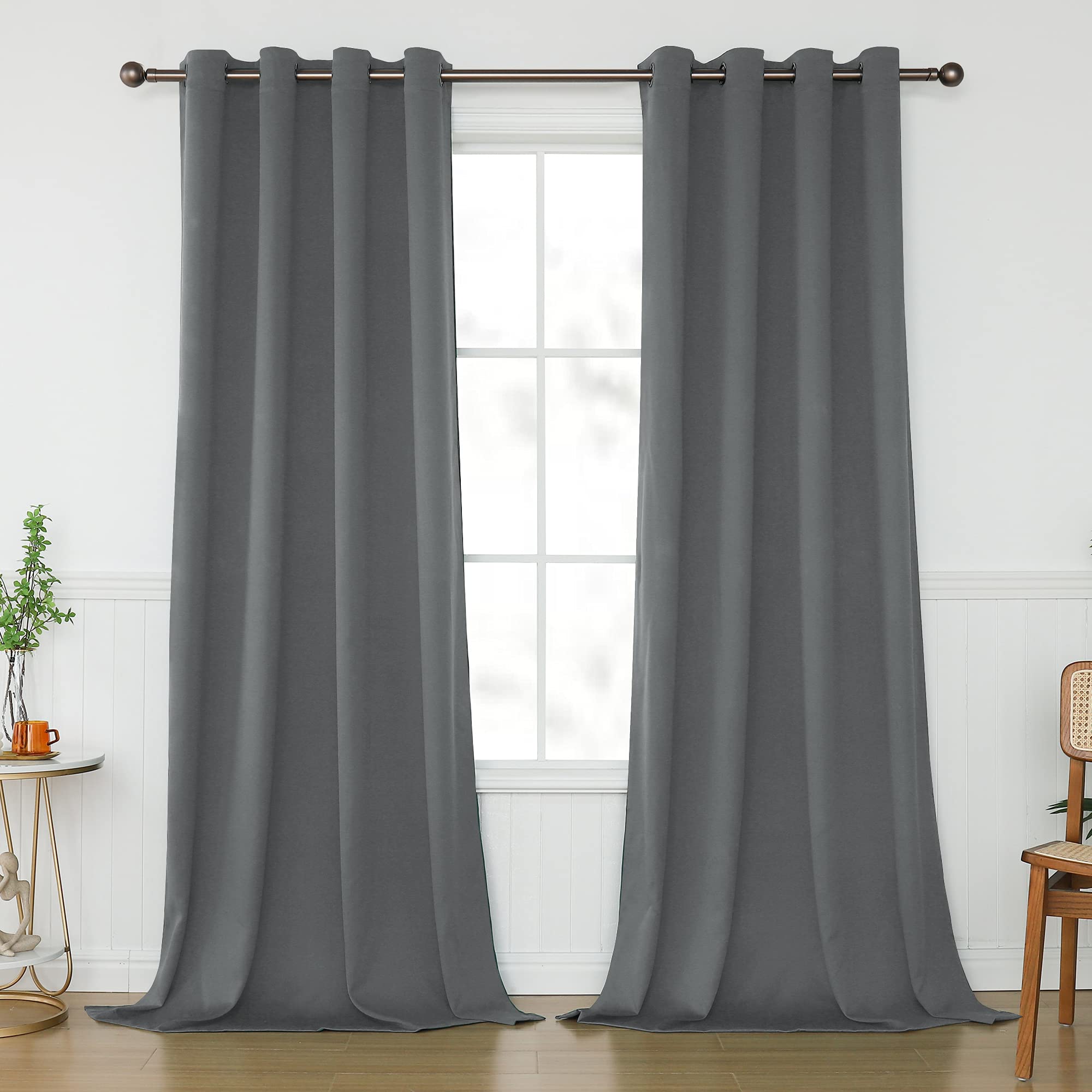 Keqiaosuocai Medium Gray Blackout Curtains Drapes 108 Inch Length For Bedroom - Grommets Thermal Insulated Sun Block Drapery For