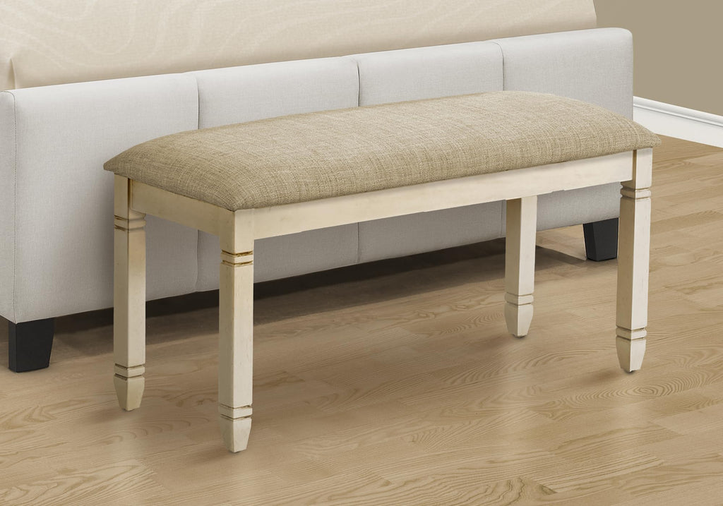 Monarch Specialties I 1266 Upholstered Bench, 41?Solid Wood, Antique White, Beige Linen Fabric, Kitchen, Dining Room