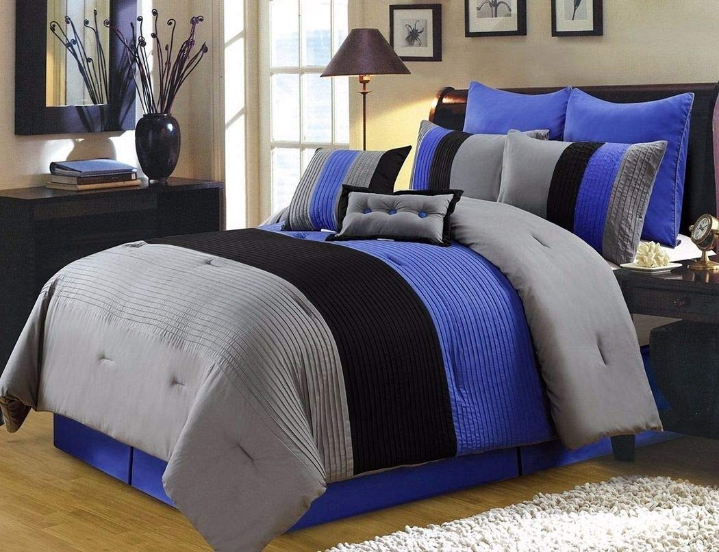 Chezmoi Collection 8 Pieces Luxury Striped Comforter Set (King, Gray/Black/Blue)