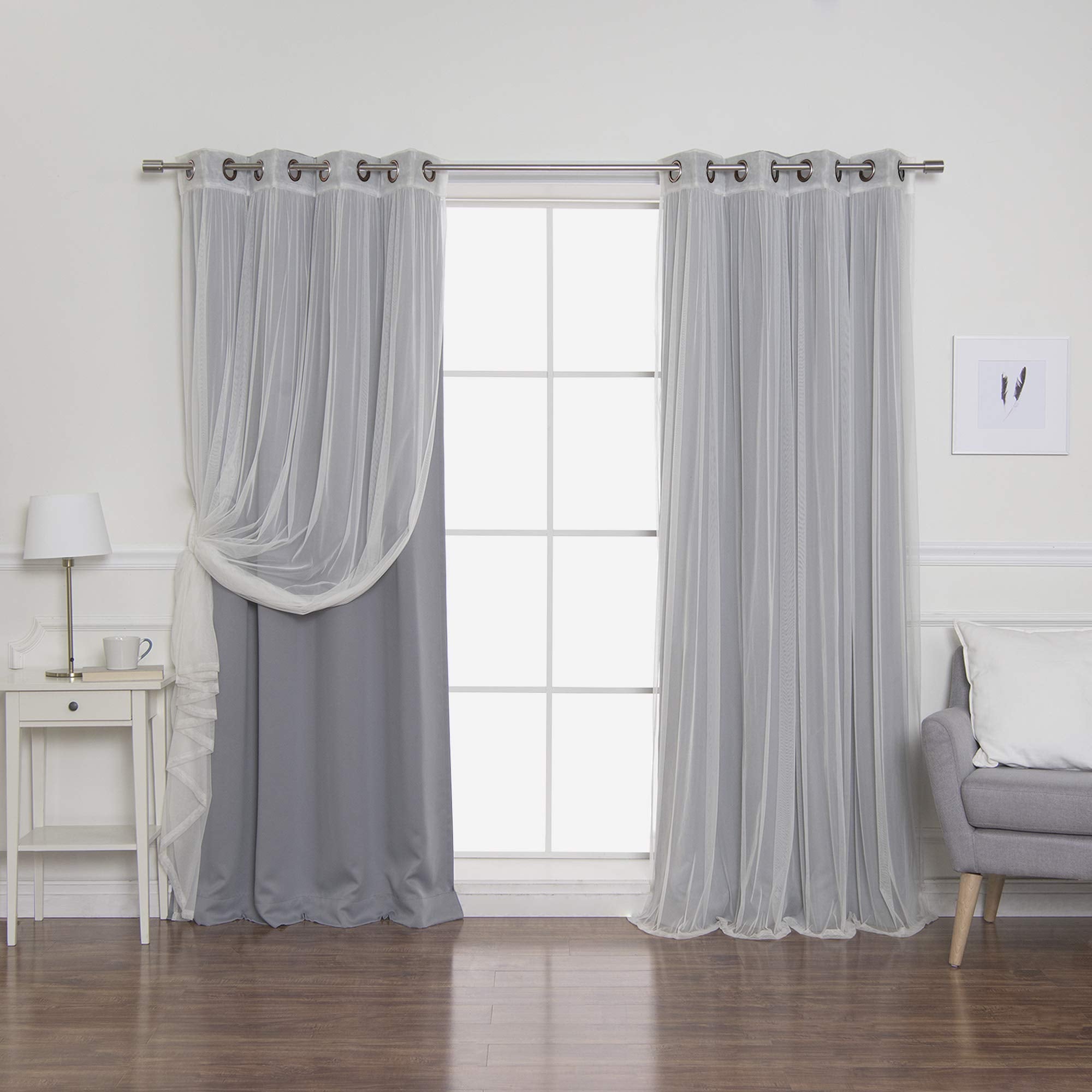 Best Home Fashion Umixm Tulle Sheer Lace & Blackout 4 Piece Curtain Set - Antique Bronze Grommet Top - Grey - 52' W X 96' L -