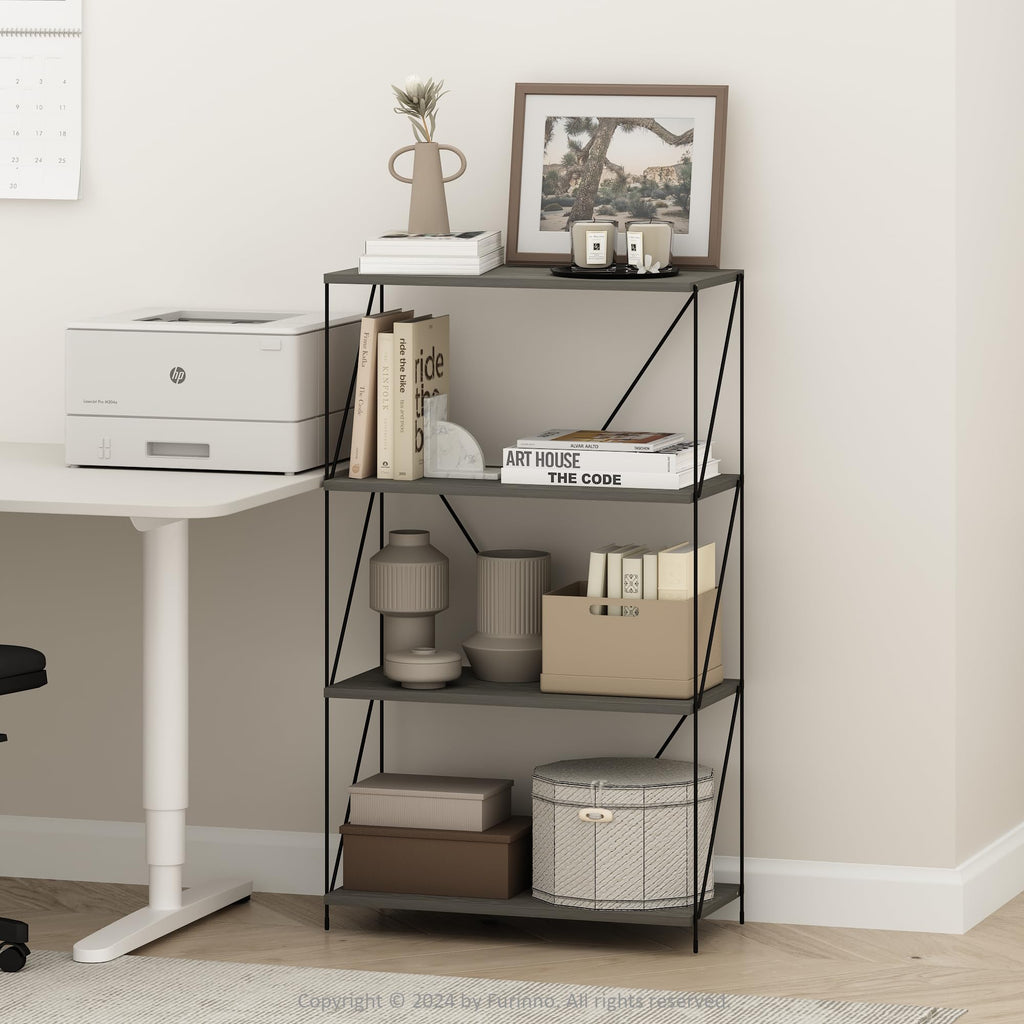Furinno Wire 4-Tier Industrial Style Metal Frame Bookcase, Display Shelf, 24 Wide, Finn Oak