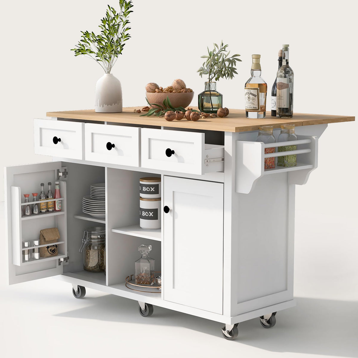 Lumisol Kitchen Island With 3 Storage Drawers, Kitchen Cart On Wheels With Drop Leaf, 2 Doors With Internal Storage Racks, 53.1'