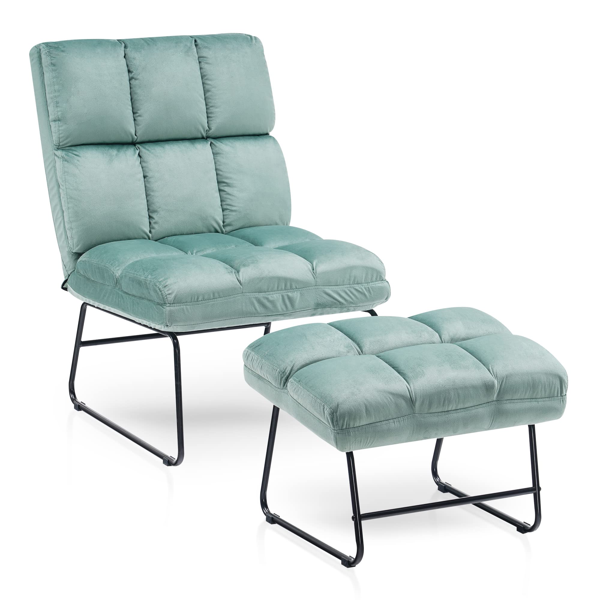 Mcombo Velvet Accent Chair With Ottoman Set, Modern Armless Chair For Living Room, Bedroom, Small Space 0014 (Velvet, Light Gree