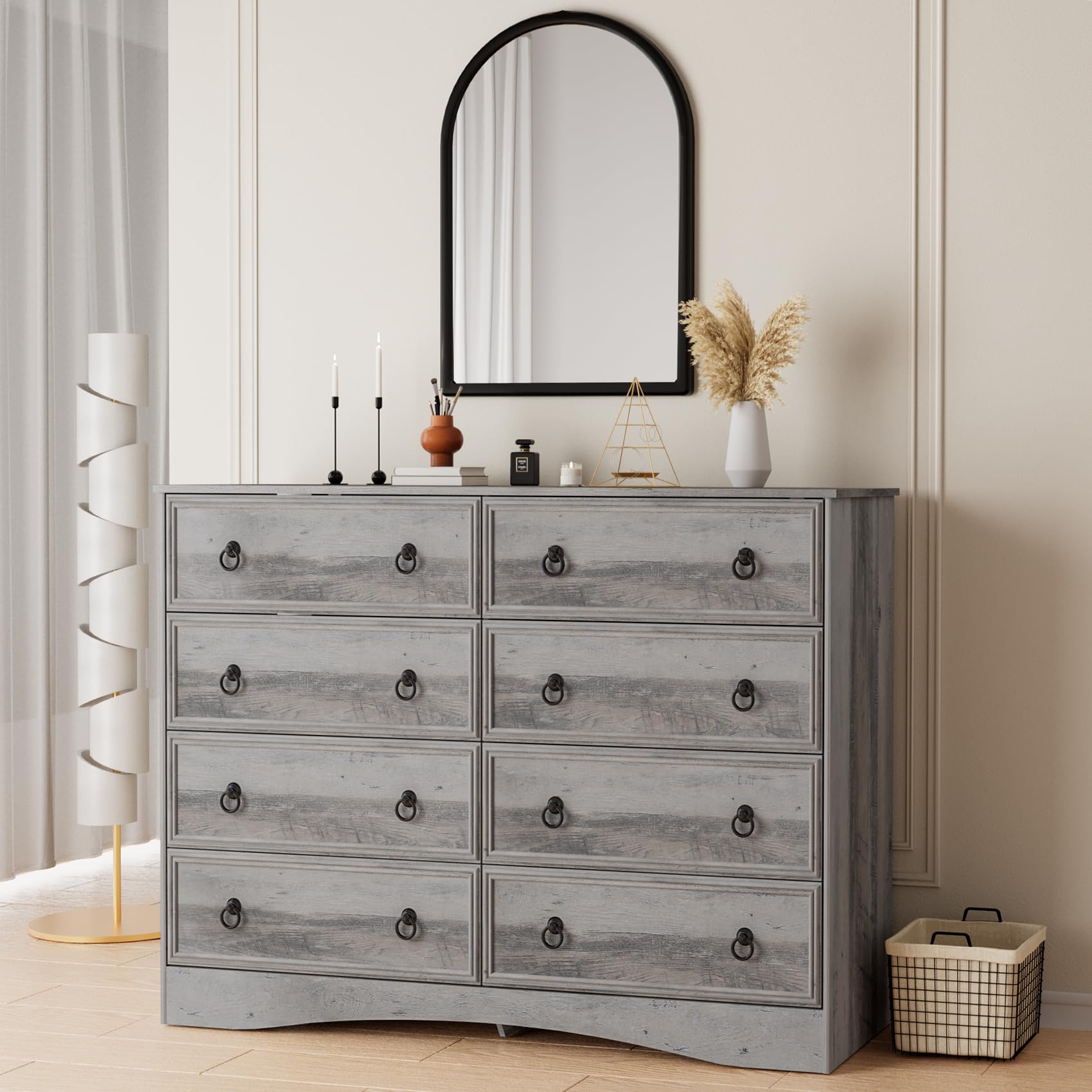 VVFLU Grey 8 Drawer Dresser for Bedroom, Wood Chest of Drawers, Large Storage for Clothes, Vintage Design, for Living Room, Bedr