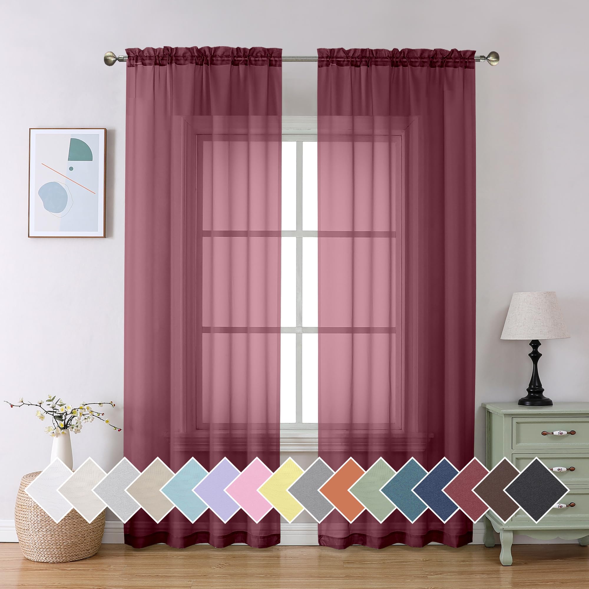 Aiyufeng 2 Piece Burgundy Sheer Curtains 84 Inch Length, Light Filtering Kitchen Curtain For Bedrrom/Living Room/Kitchen Window,