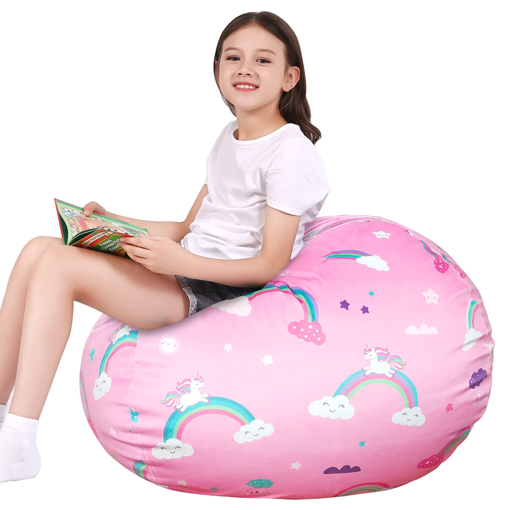 Lukeight Unicorns Stuffed Animal Storage, Rainbow Bean Bag Chairs For Girls 8-12, Bean Bag Cover For Kids, Unicorns Stuffed Animal Storage Bean Bag Chair Cover For Kids, (No Beans) X-Large