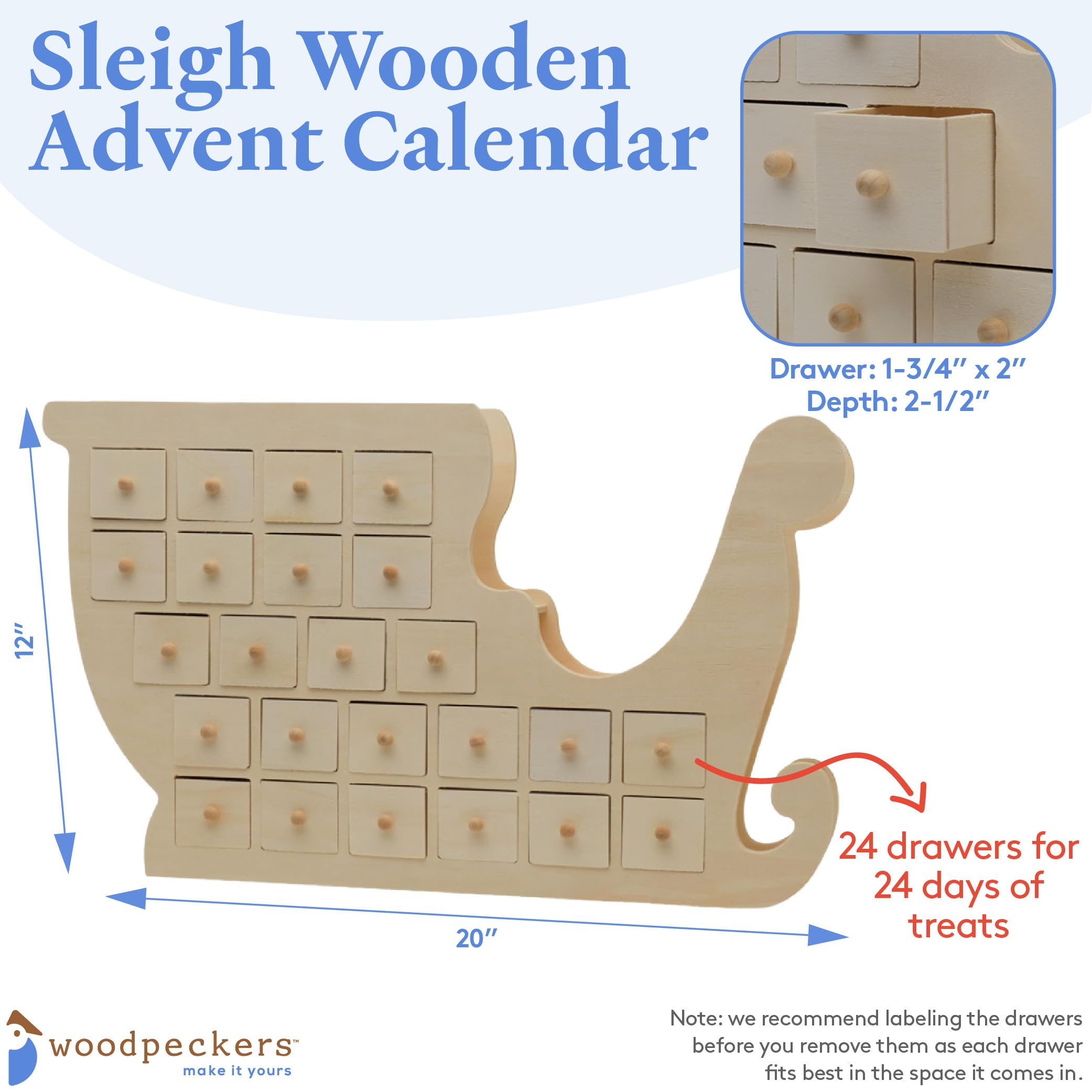 Sleigh Wooden Advent Calendar 12 X 20 Inch, Pack Of 1 Christmas Advent Calendar With 24 Empty Drawers For Crafts, By Woodpeckers