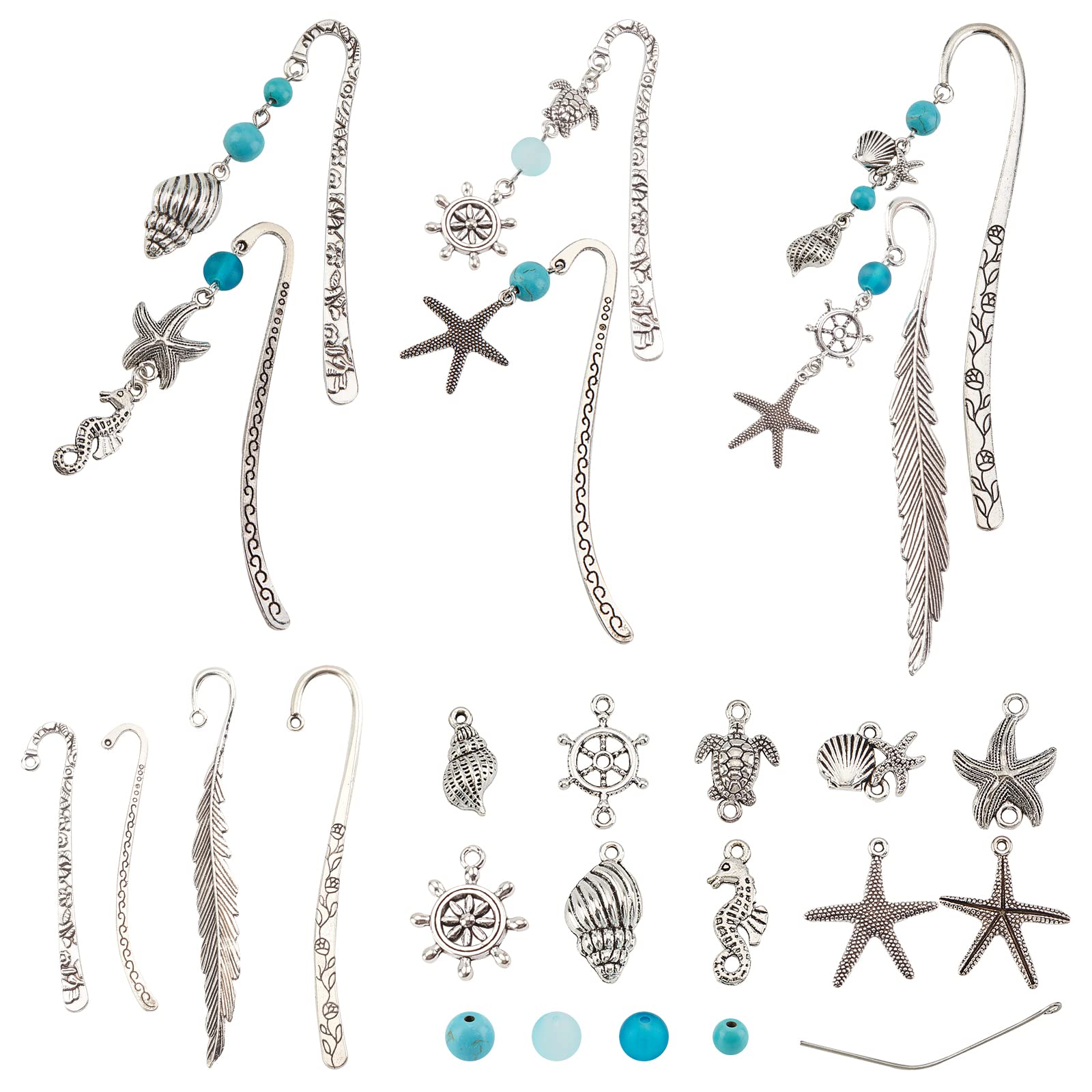 Sunnyclue Diy 6 Set Ocean Metal Hook Bookmarks Making Kit 6Pcs Leaf Tibetan Style Alloy Bookmark With Starfish Shell Alloy Penda