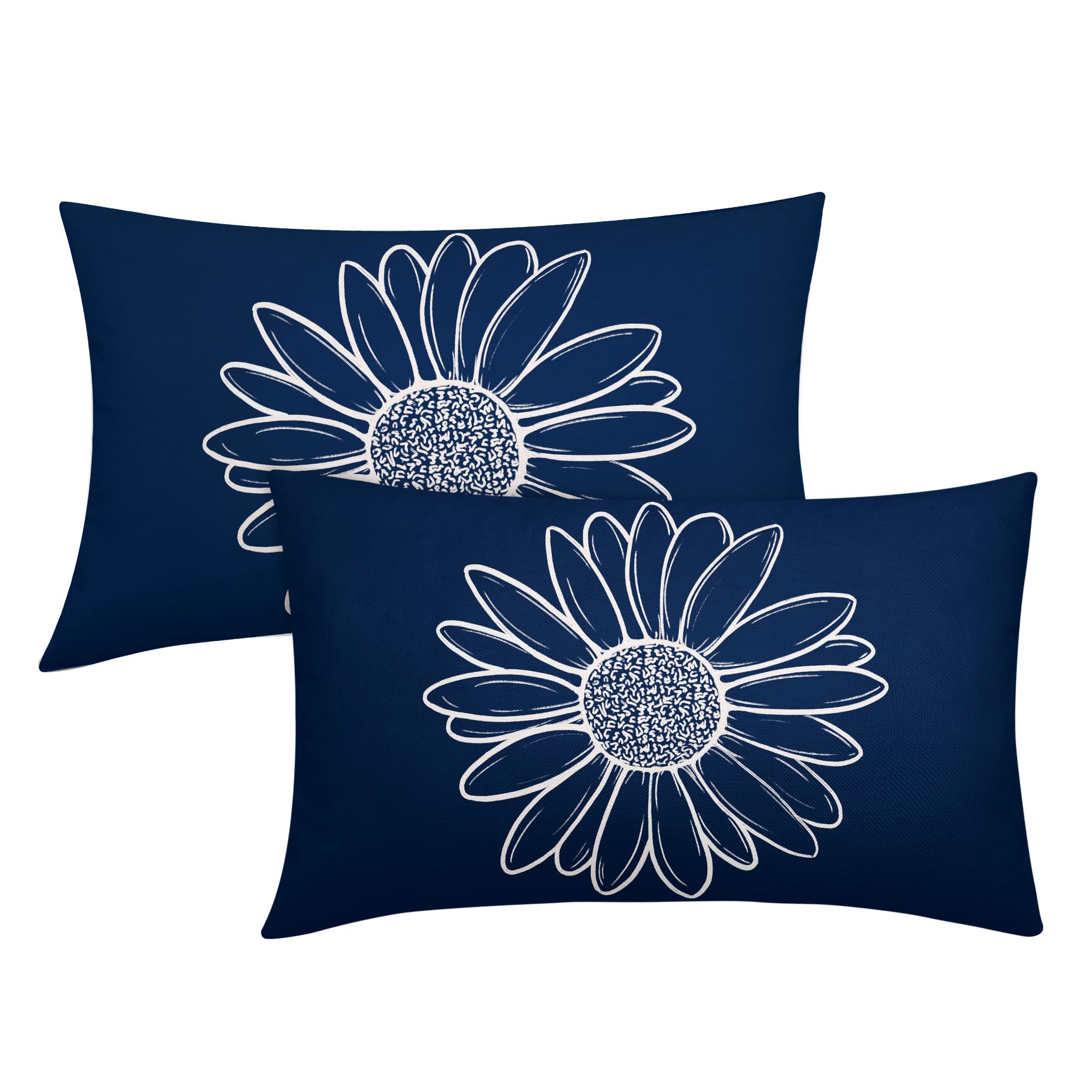 Spring Summer Daisy Flowers Lumbar Pillow Covers 12X20 Inch Navy Blue Floral Bloom Decorative Pillow Cases Seasonal Modern Cotto