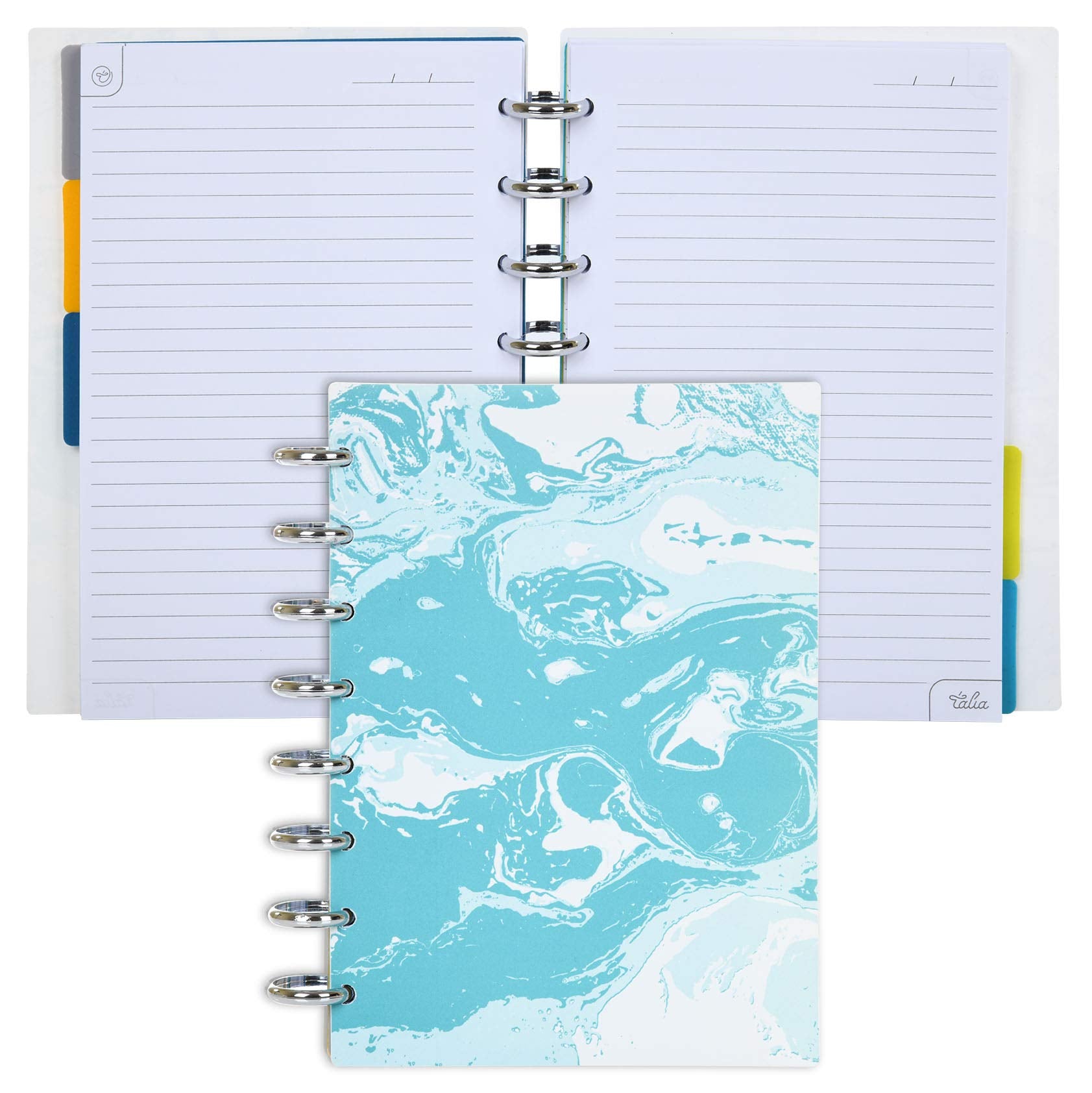Talia Discbound Notebooks, Planner, Customizable, (Ymarble Flow Turquoise W/Silver Discs, Junior (5.5In X 8.5In))
