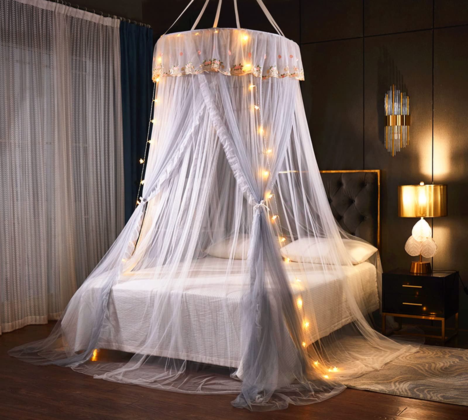 Vethin Princess Bed Canopy For Girls Double Layer Sheer Mesh Dome Elegant Embroidery Lace Mosquito Net Bed Curtain For Full Quee