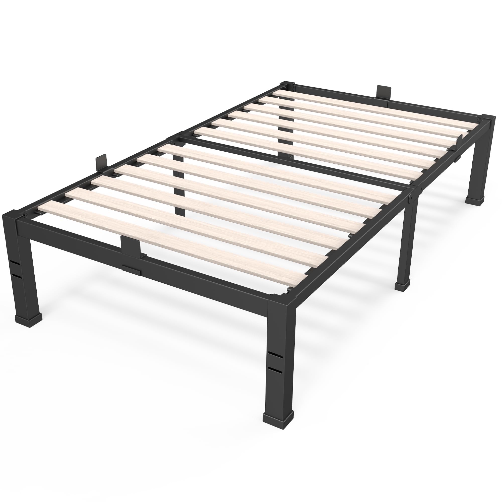 Roil 14 Inch Twin Size Bed Frames With Wide Wood Slats - 3500Lbs Heavy Duty No Box Spring Needed Platform, Mattress Stoppers Sin