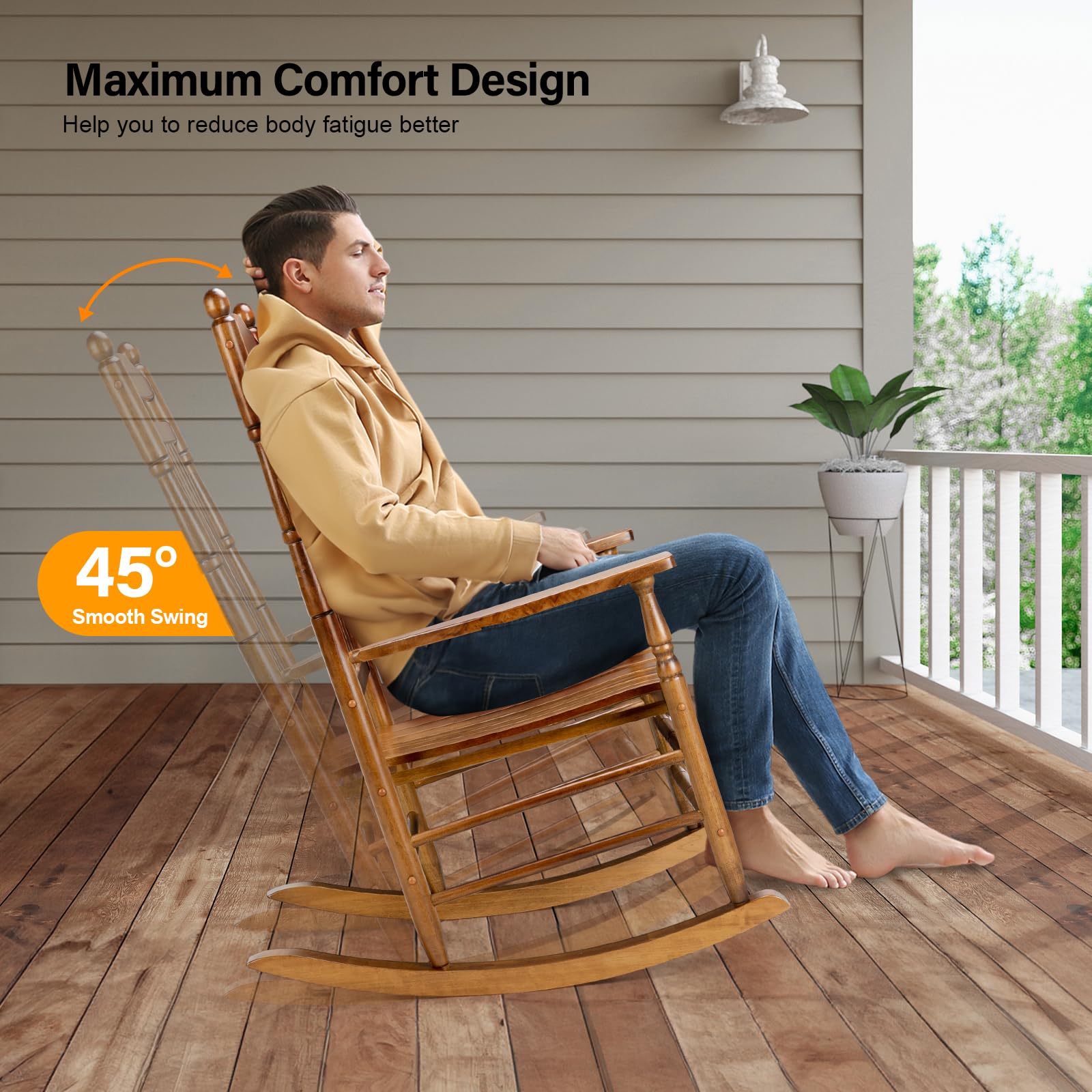 Vingli Wood Rocking Chair Outdoor With 450 Lbs Support Relaxing Rocker Solid Wood High Back Seat Reclining Seat For Deck, Garden, Backyard, Porch, Indoor Or Outdoor Use, Teak