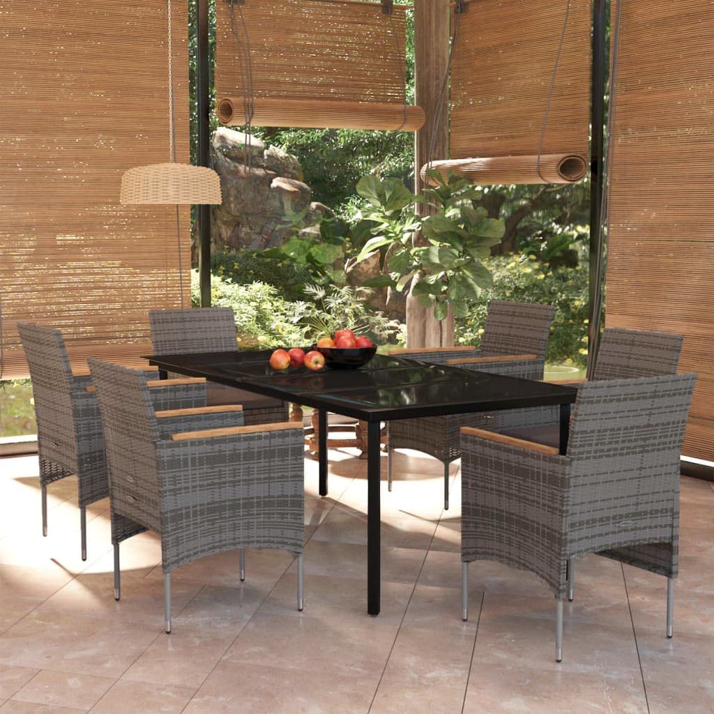 vidaXL Patio Dining Set 7 Piece - PE Rattan Chairs w/Cushions, Powder-Coated Steel Table, Glass Top - Gray/Black Outdoor Garden Furniture