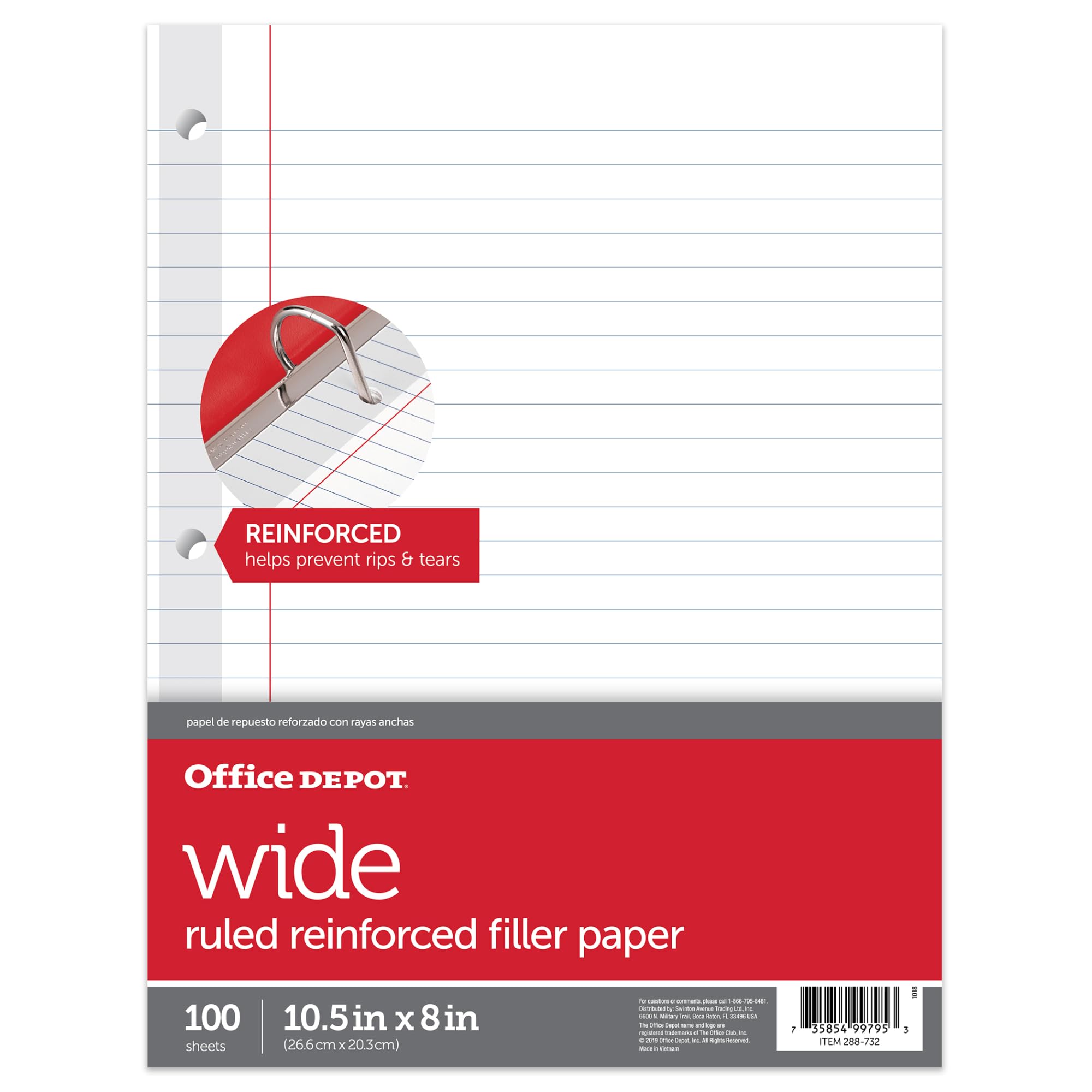 Office Depot Brand Reinforced Filler Paper, 8' X 10 1/2', 16 Lb, Wide Ruled, White, Pack Of 100