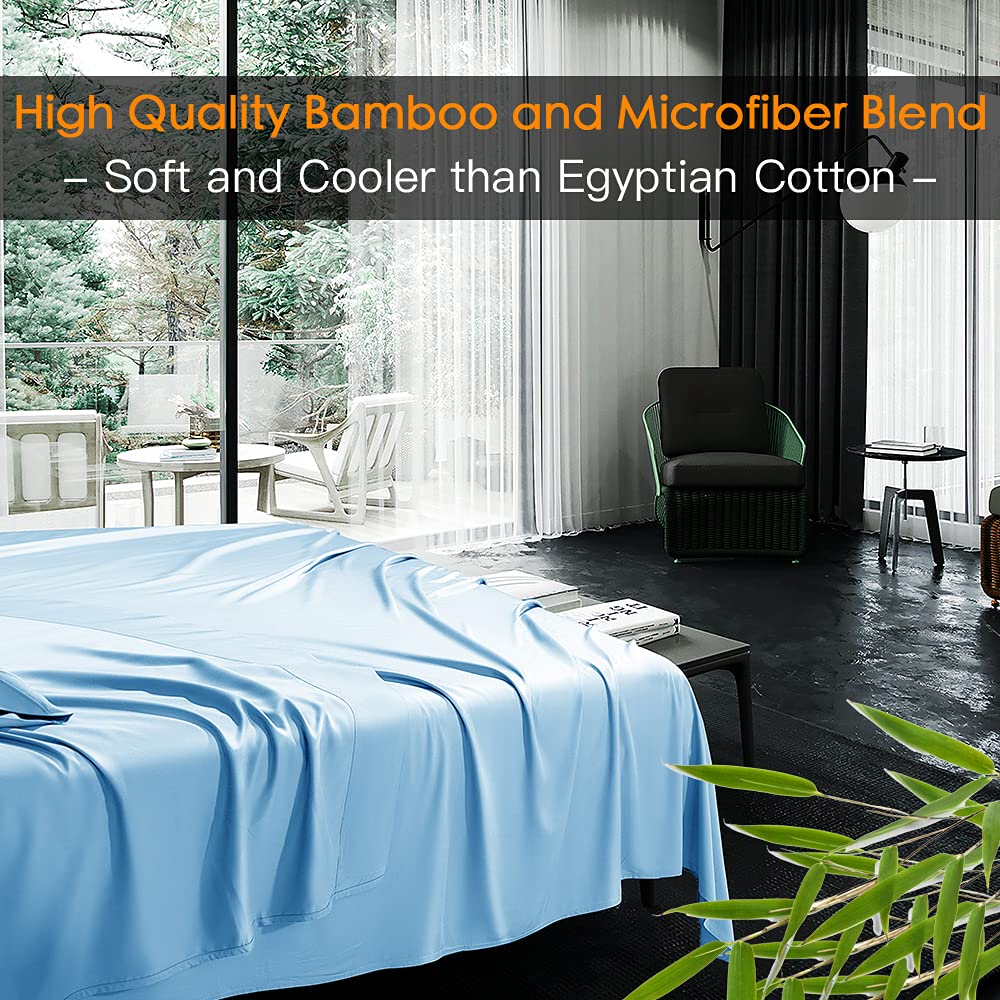 Shilucheng Bamboo Bed Sheet Set King Lake Blue 1800 Thread Count 6-Piece Deep Pocket