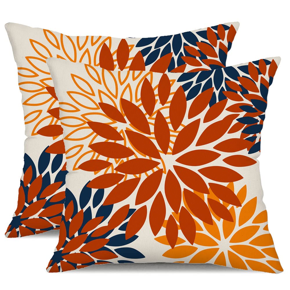 Dfxsz Orange Blue Flower Pillow Covers 20X20 Inch Set Of 2 Fall Throw Pillows Outdoor Waterproof Decor For Living Room Sofa Pati