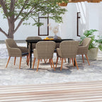 vidaXL Patio Dining Set 7 Piece with Cushions - Brown Outdoor Garden Furniture - Powder-Coated Steel Frame, PE Rattan Chairs, Smooth Glass Tabletop - Patio/Garden/Deck