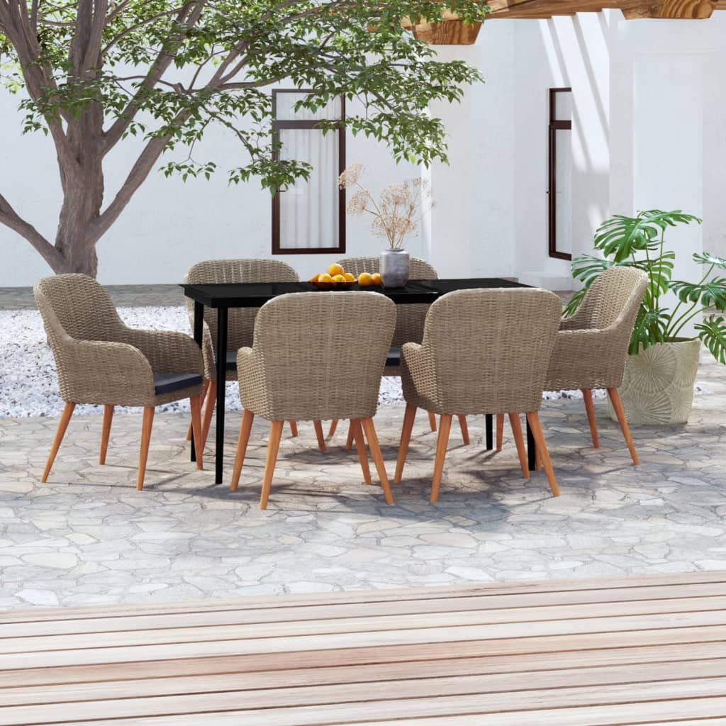 vidaXL Patio Dining Set 7 Piece with Cushions - Brown Outdoor Garden Furniture - Powder-Coated Steel Frame, PE Rattan Chairs, Smooth Glass Tabletop - Patio/Garden/Deck