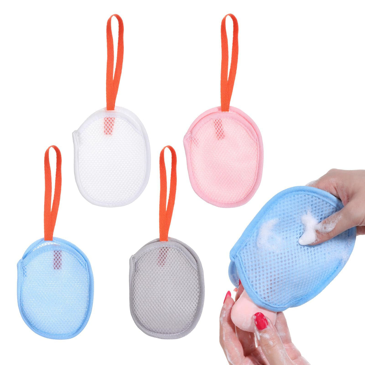 Soap Net Pouch 4Piece Set, Mesh Bag for Rich Lather, Extends Soap Life, Bathroom Storage Organizer