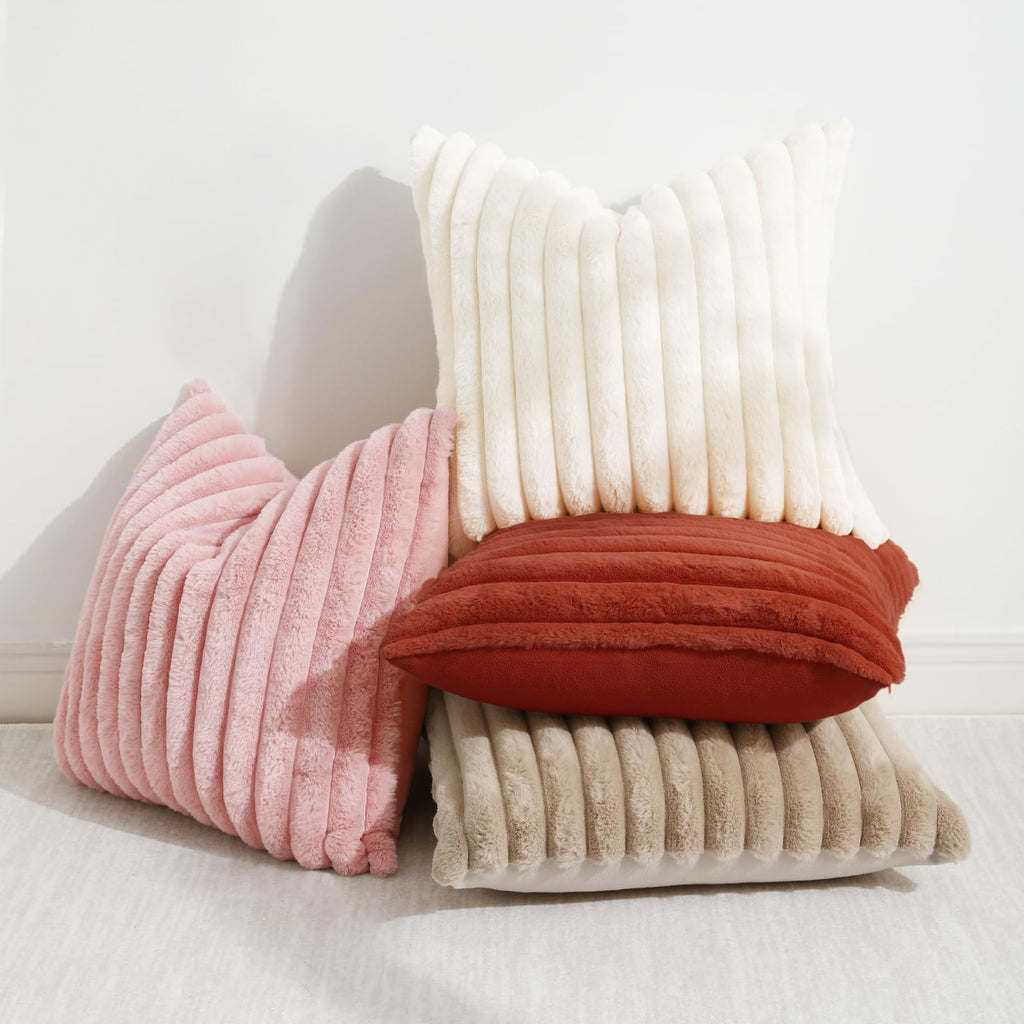 Decoruhome Faux Fur Throw Pillow Covers 18X18 Set Of 2, Decorative Soft Plush Striped Couch Pillow Covers With Velvet Back For Sofa, Bed, Living Room, Rust