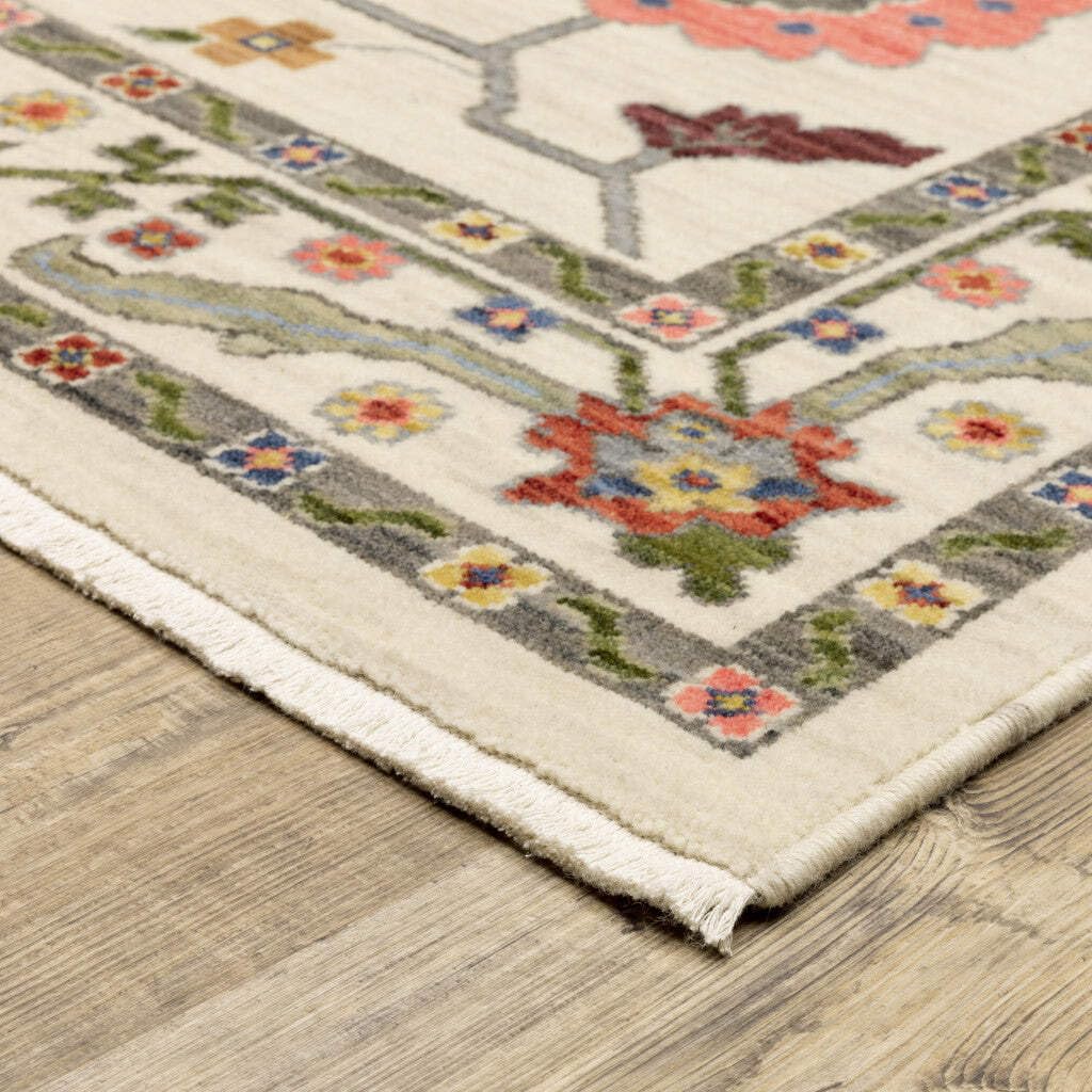 HomeRoots 509314 6 x 9 ft. Ivory Green Blues Pink Yellow Rust Brown Tan & Gray Oriental Power Loom Stain Resistant Rectangle Area Rug with Fringe