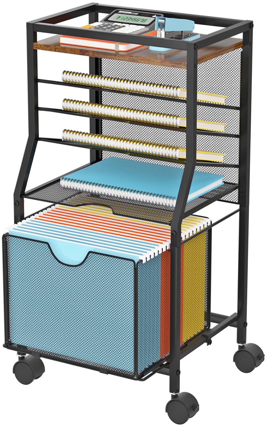 Bohdk Rolling File Cart, 6-Tier Under Desk Organizer On Lockable Wheels, Brown Wood Planks & Mesh File Cart With Sliding Drawer