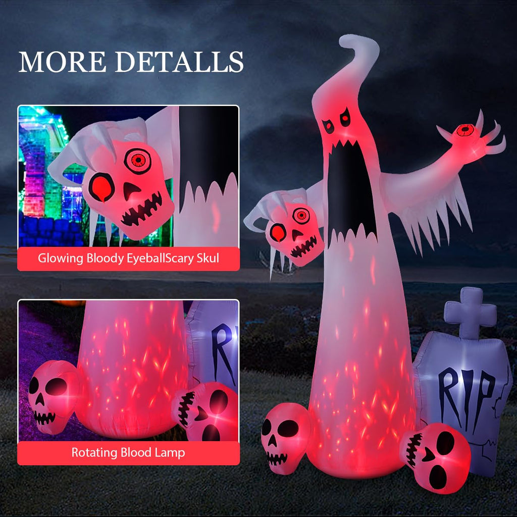 Hopoco 12 Ft Halloween Inflatables Outdoor Halloween Blow Up Yard Decorations Horror White Ghost With 3 Skull Heads Bleeding Eye