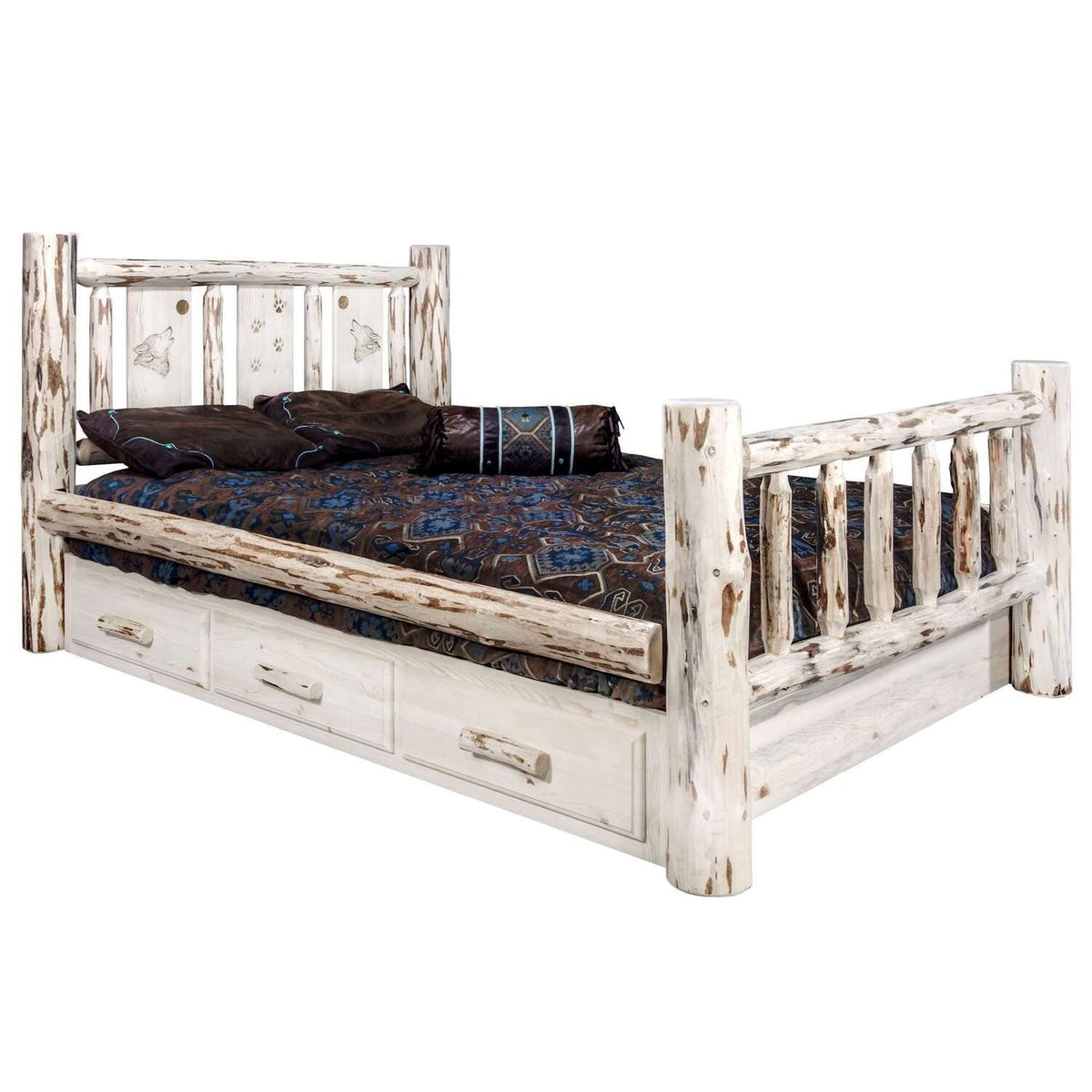 Montana Woodworks Wolf Design Storage Engraved Bed in Clear Lacquer Finish (Cal King:98 in. L x 76 in. W x 47 in. H (396 lbs.))