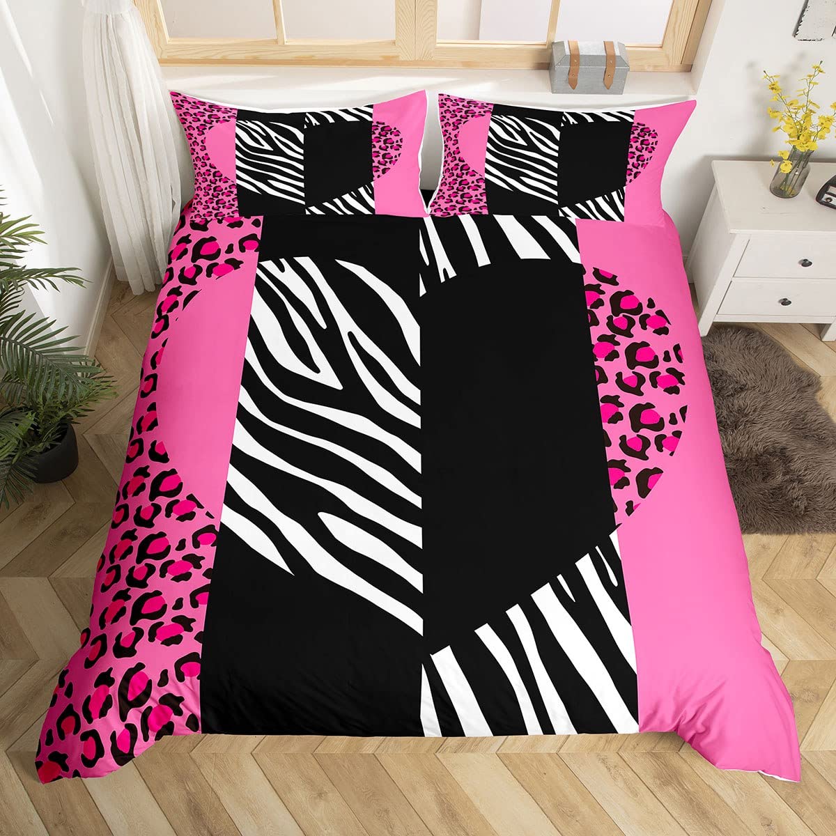 Manfei Kids Leopard Duvet Cover Set Twin Size, Love Heart Comforter Cover With 1 Pillowcase, Black White Pink Leopard Zebra Prin