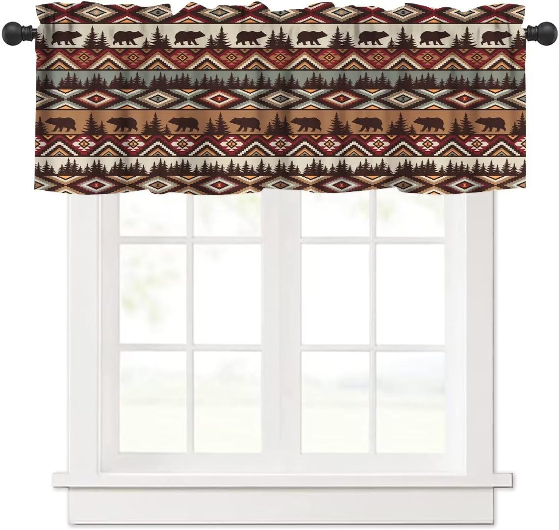 Shelifestyle Bear Tribal Aztec Valance Curtain, Rustic Fir Tree Cabin Country Lodge Camping Retro Abstract Geometric Window Trea