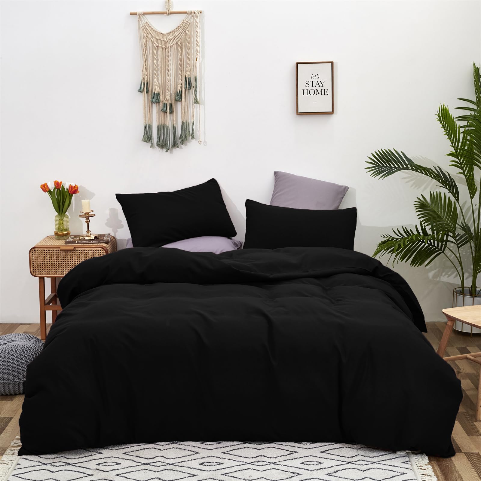 Cottonight Black Comforter Cal King Men Black Bedding Comforter Set California King Dark Color Modern Quilts All Black Blanket S