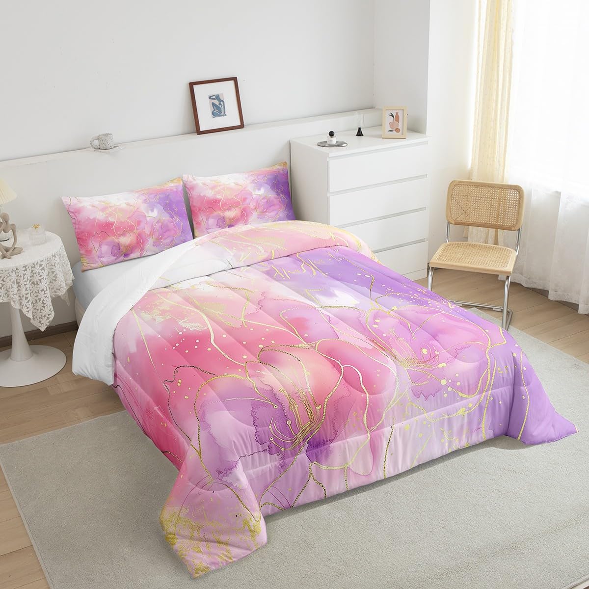 Pink Tie Dye Comforter Set, Marble Art Bedding For Boys Girls Teens Women, Glitter Marbling Printed Bedding Comforter Sets Paste