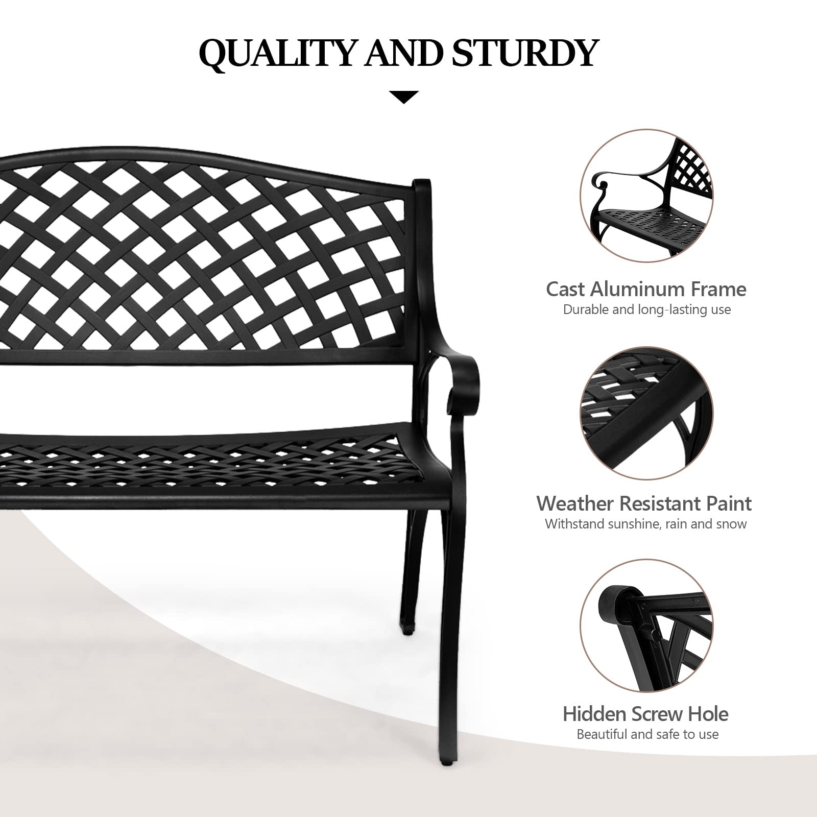 Vingli 40.5' Outdoor Bench Patio Garden Bench, Anti- Rust Cast Aluminum Patio Bench Front Porch Bench For Yard Lawn Entryway Deck, Black