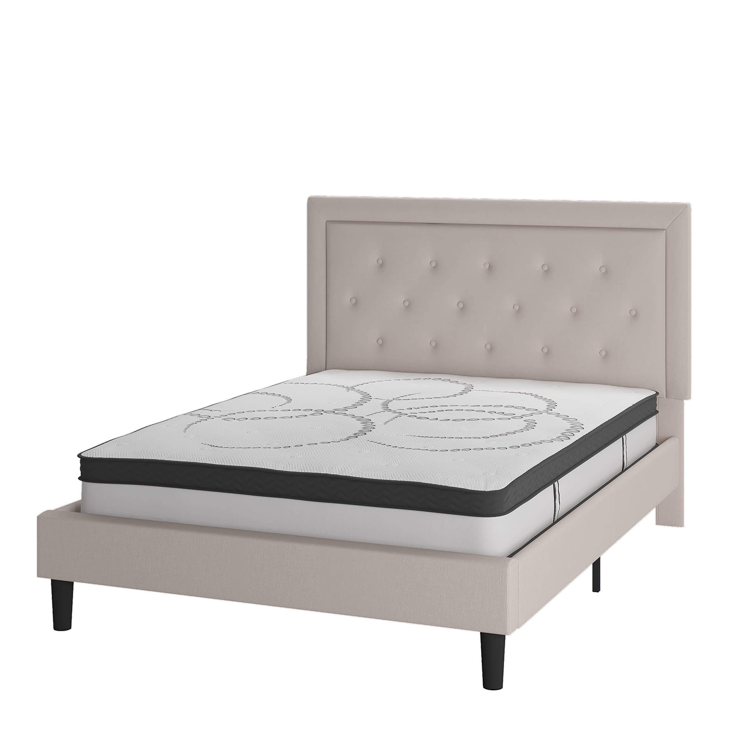 Flash Furniture Roxbury Queen Size Tufted Upholstered Platform Bed In Beige Fabric With 10 Inch Certipur-Us Certified Pocket Spring Mattress