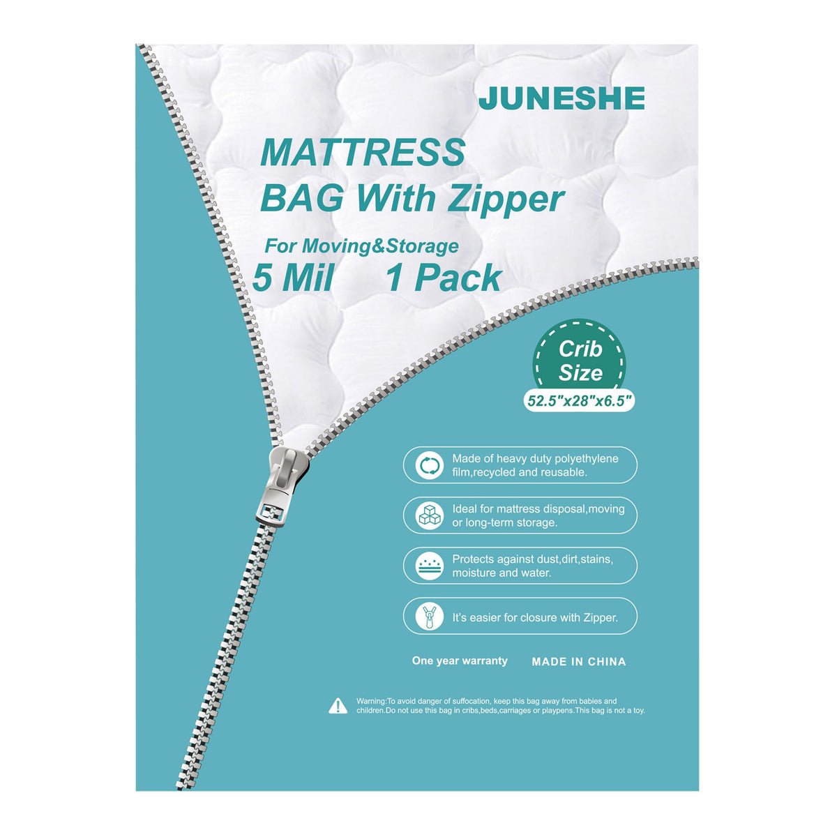 JUNESHE Crib Mattress Storage Bag with Zipper -5 Mil Plastic Waterproof Crib Mattress Bag for Moving and Storage
