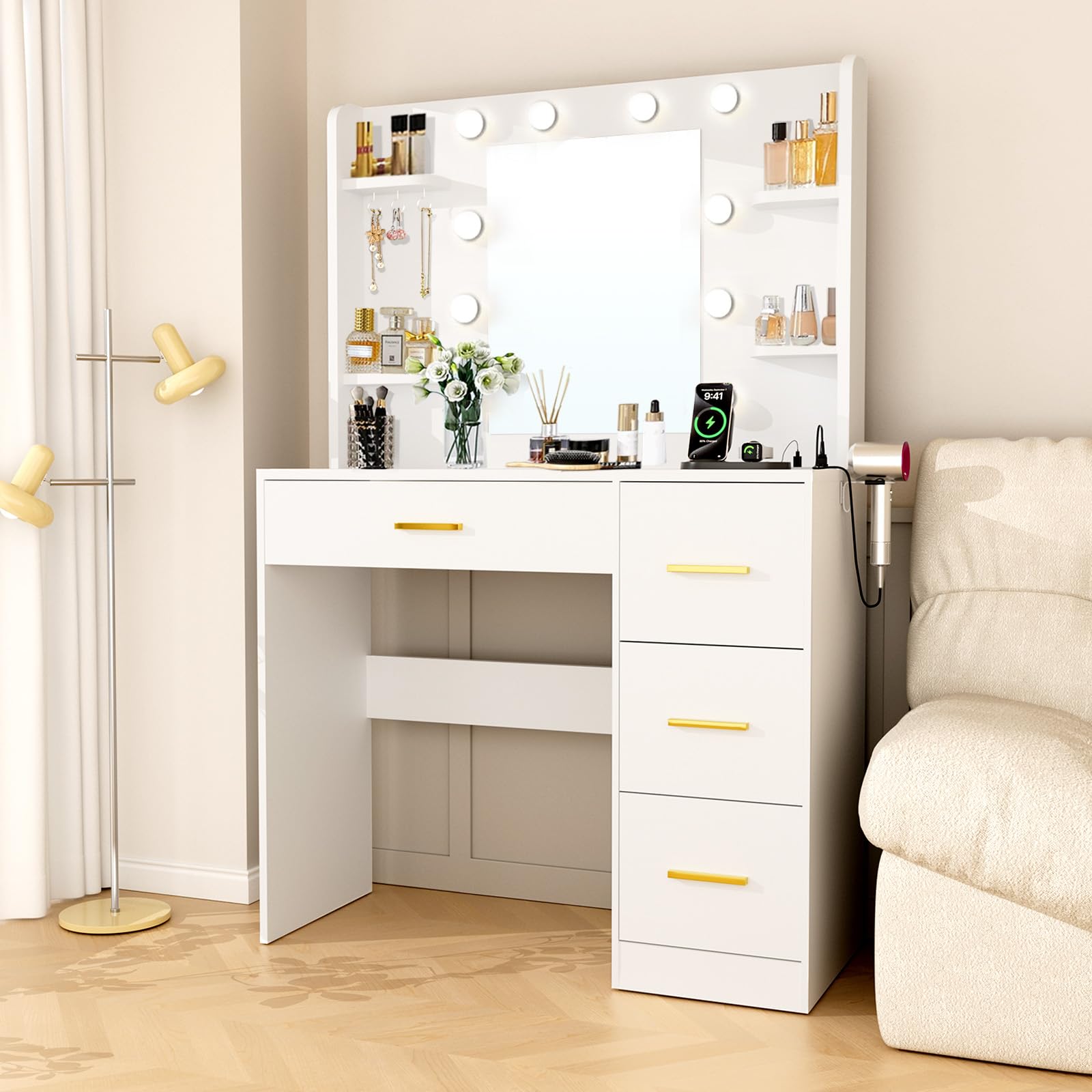 HABIUBIU 35    BedroomVanity Desk,10 Lights,3 Color Modes,Makeup Vanity Desk with 4 Storage Shelves 4 Drawers and Power Outlet,f