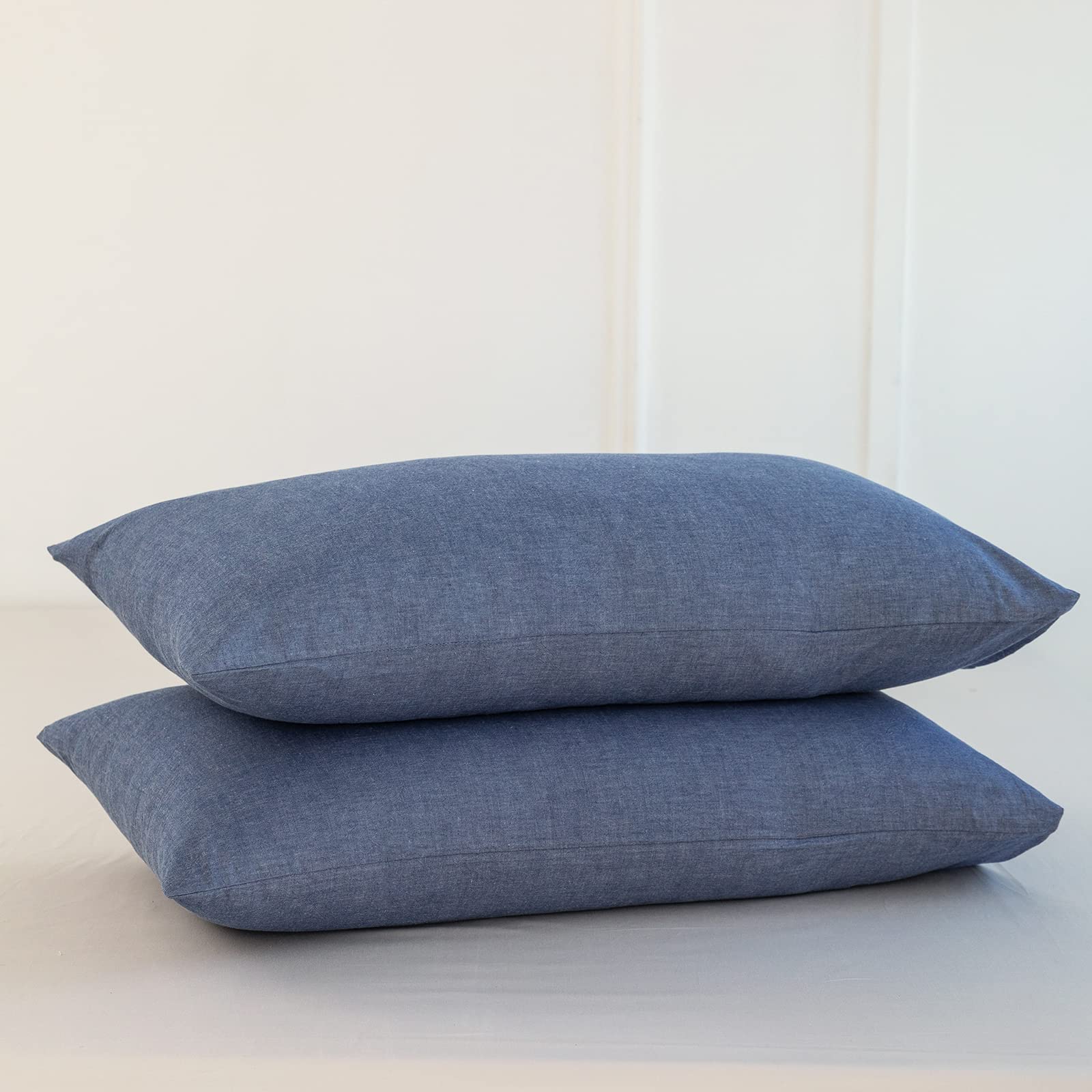 Moomee Bedding Pillowcases Pack Of 2 100% Washed Cotton Linen Like Textured Breathable Durable Soft Comfy (Blue, Queen)