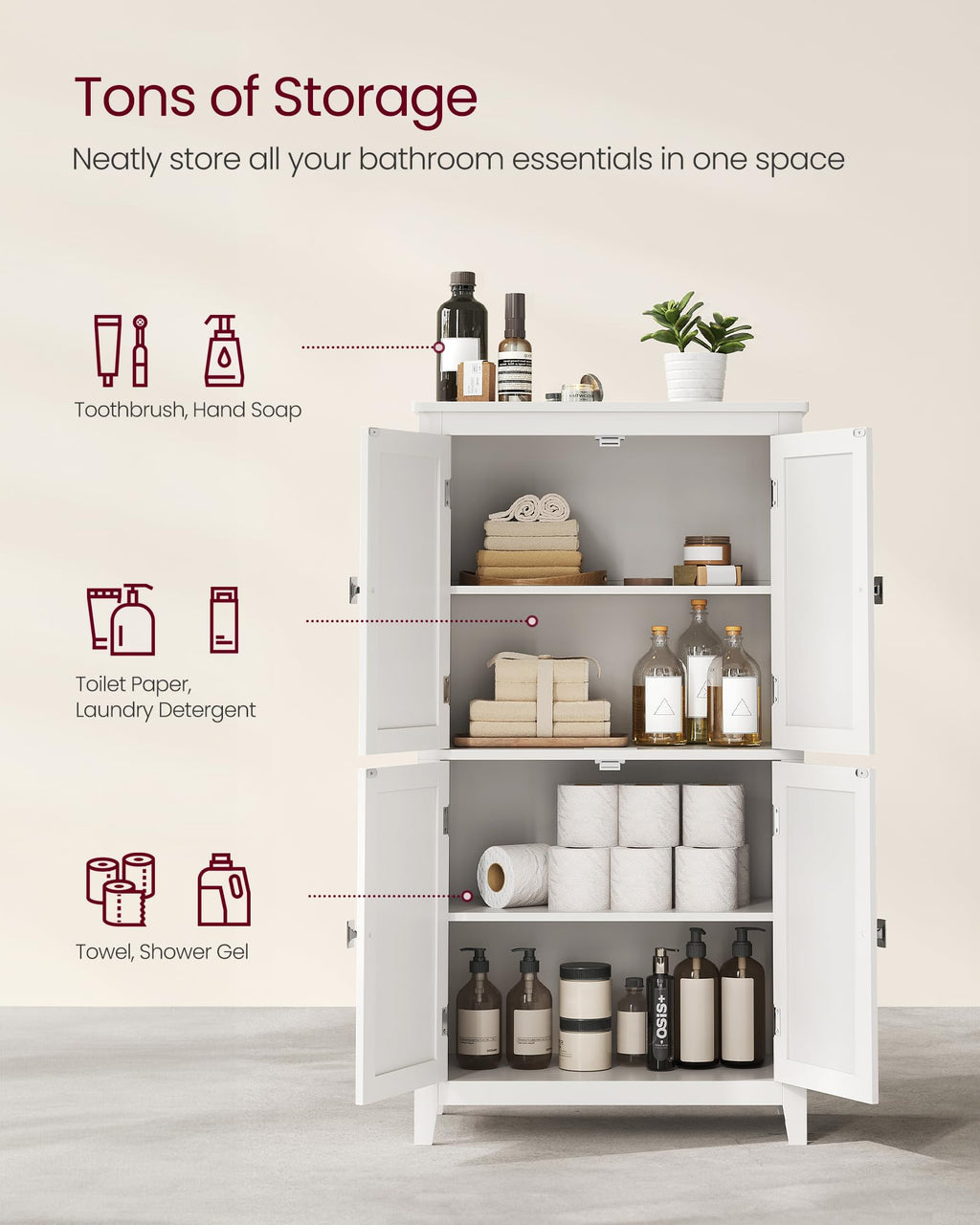 Vasagle Bathroom Floor Storage Cabinet, Bathroom Storage Unit, Freestanding Cabinet With 4 Doors, Adjustable Shelves, 11.8 X 23.6 X 43.3 Inches, White Ubbc552P31